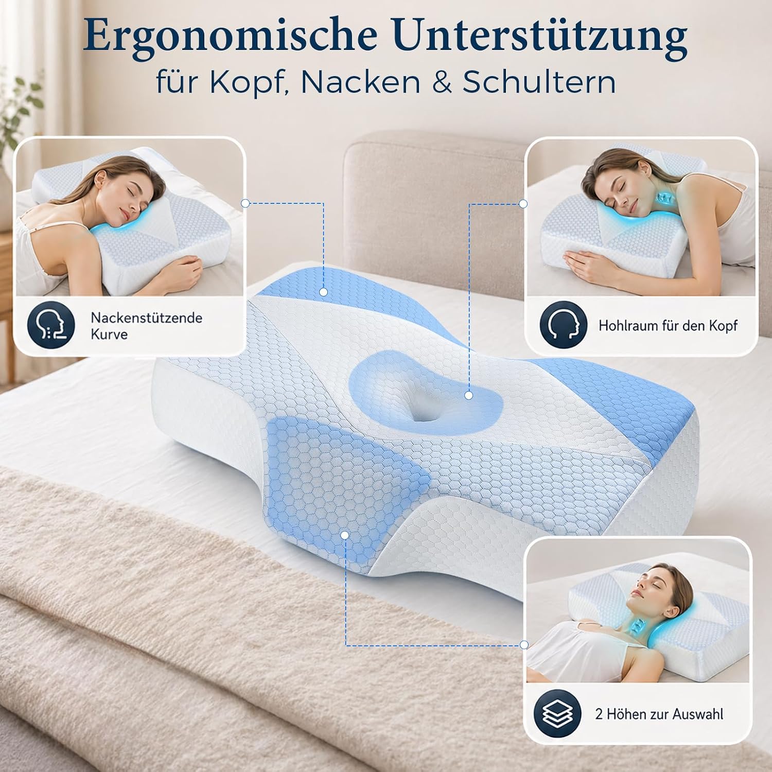 Nackenstützkissen gegen Nackenschmerzen, orthopädisches Kopfkissen, ergonomisches Memory Foam Nackenkissen mit 2 Höhen, Hohlraum & kühlendem Bezug, für Seiten- und Rückenschläfer