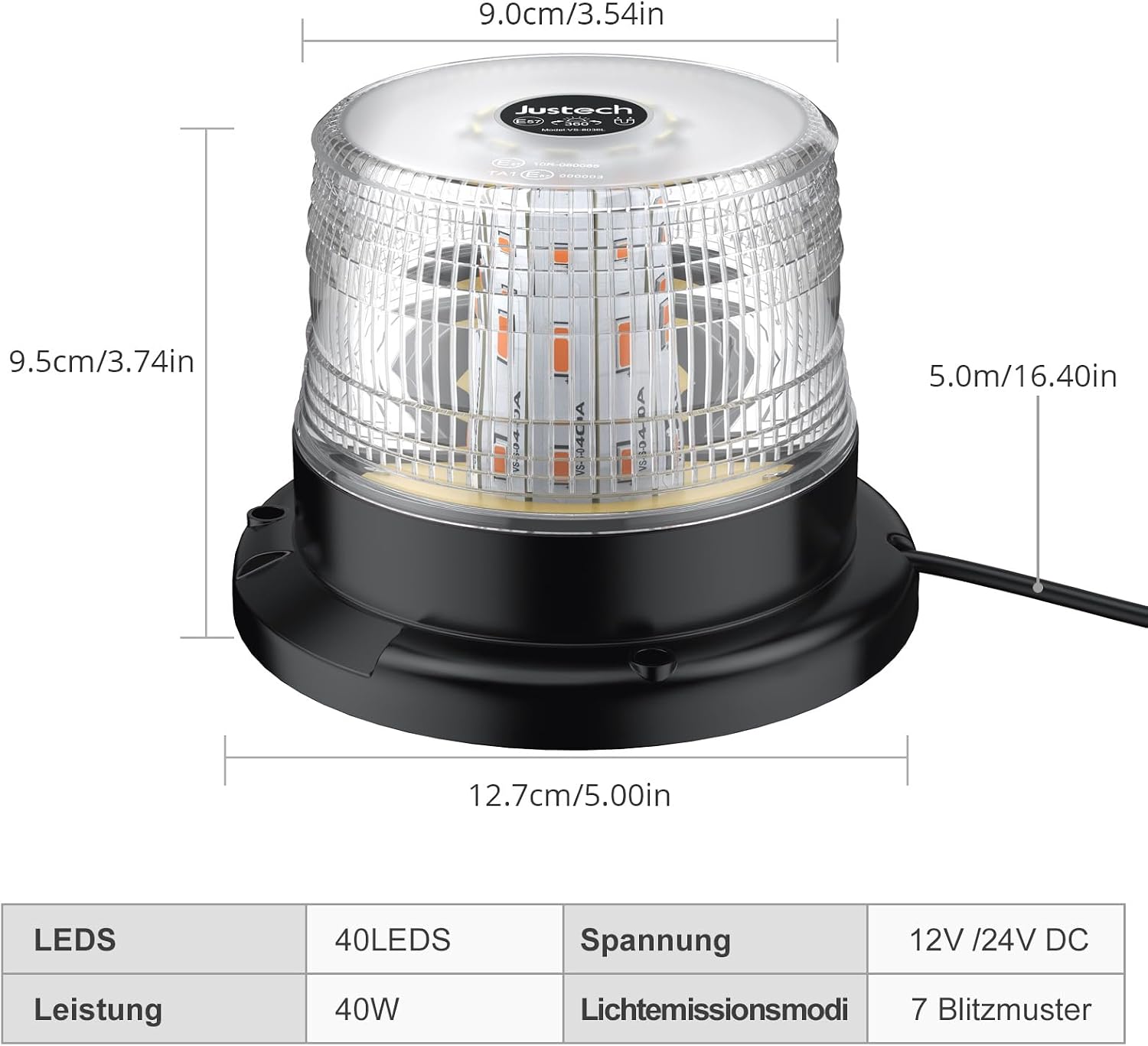 Warnleuchte Rundumleuchte 360° Gelb Blitzleuchte 7 modus mit 5m Netzkabel Doppelter Schraube 12V / 24V Warnlicht mit Magnetfuß Notfallblinklampe Magnet Transparent für Auto LKW usw