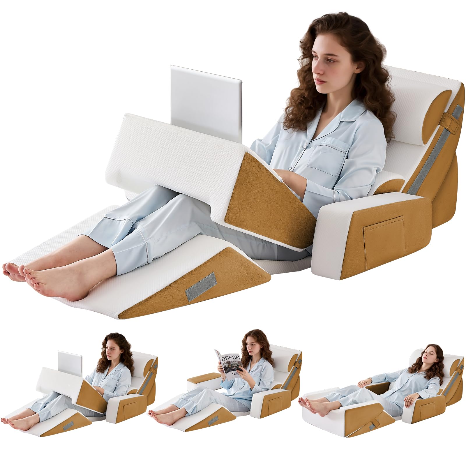 Orthopädische Bett Keil Kissen Set,Post Chirurgie Schaum Kissen für Körper, Rücken und Beine Schmerzlinderung,Justierbare Stützkissen mit Säure Reflux Bed Wedge Memory Foam Hellgrau