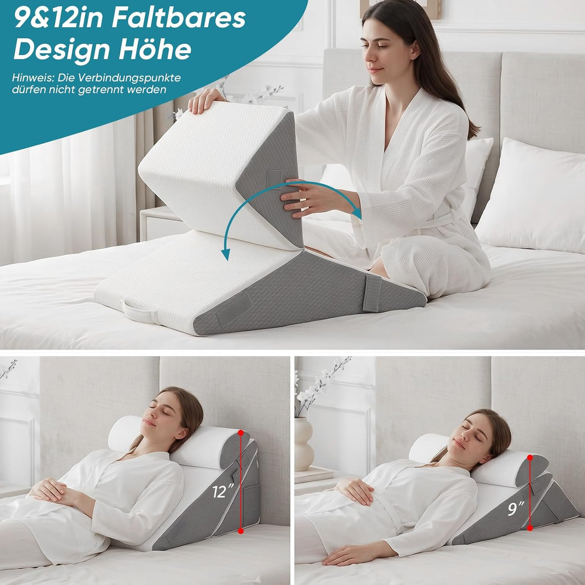 3PCS Set Höhenverstellbar 9''/12'' Orthopädische Keilkissen für Postoperative Unterstützung zur Linderung von Reflux, Rückenkissen, Lesekissen für Bett und Sofa