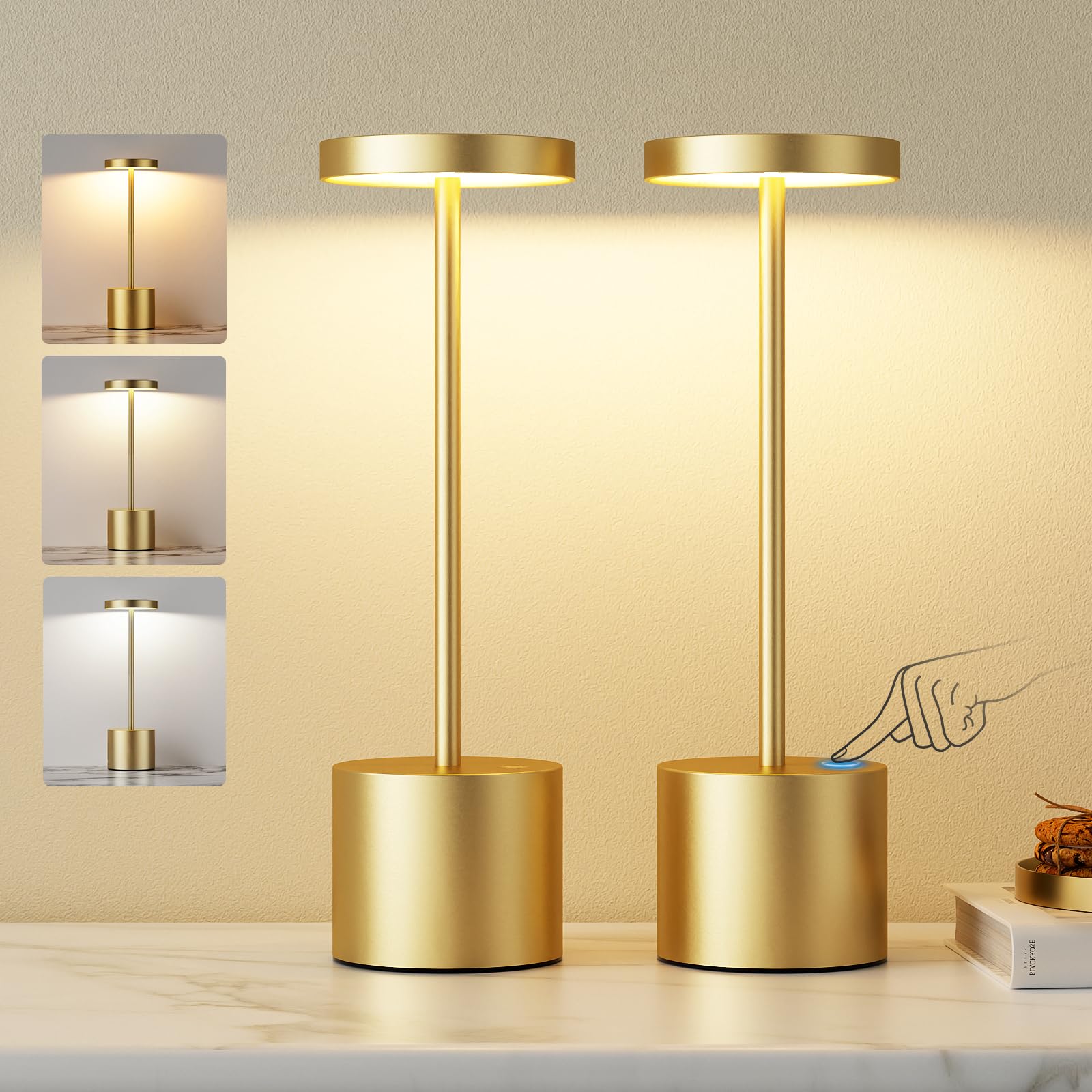 Tischlampe Batterie, LED Tischlampe Wireless, Tischlampe Wireless Batterie mit 3 Farbtemperaturen, Touch Nachttischlampe Dimmbar, kontinuierlich dimmbar für Schlafzimmer