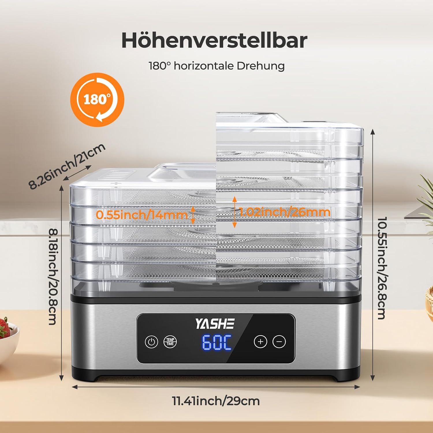 Dörrautomat, 5 Edelstahl-Dörrgitter, Einstellbarer Timer & Temperatur, 360° Luftzirkulation, BPA-frei, 400W Dörrgerät für Jerky, Früchte, Kräuter, Hundesnacks
