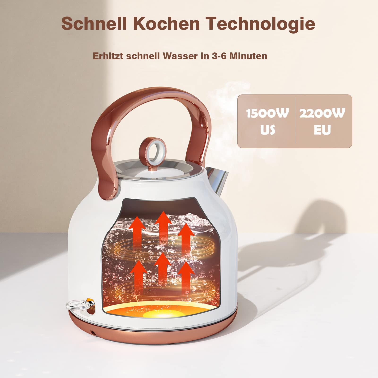 Retro Wasserkocher, 1,7 Liter Edelstahl Teekessel mit grosser Temperaturanzeige, 2200 W Schnellerhitzung Heisswasserkessel mit LED-Anzeige, Schwarz oder Weiss