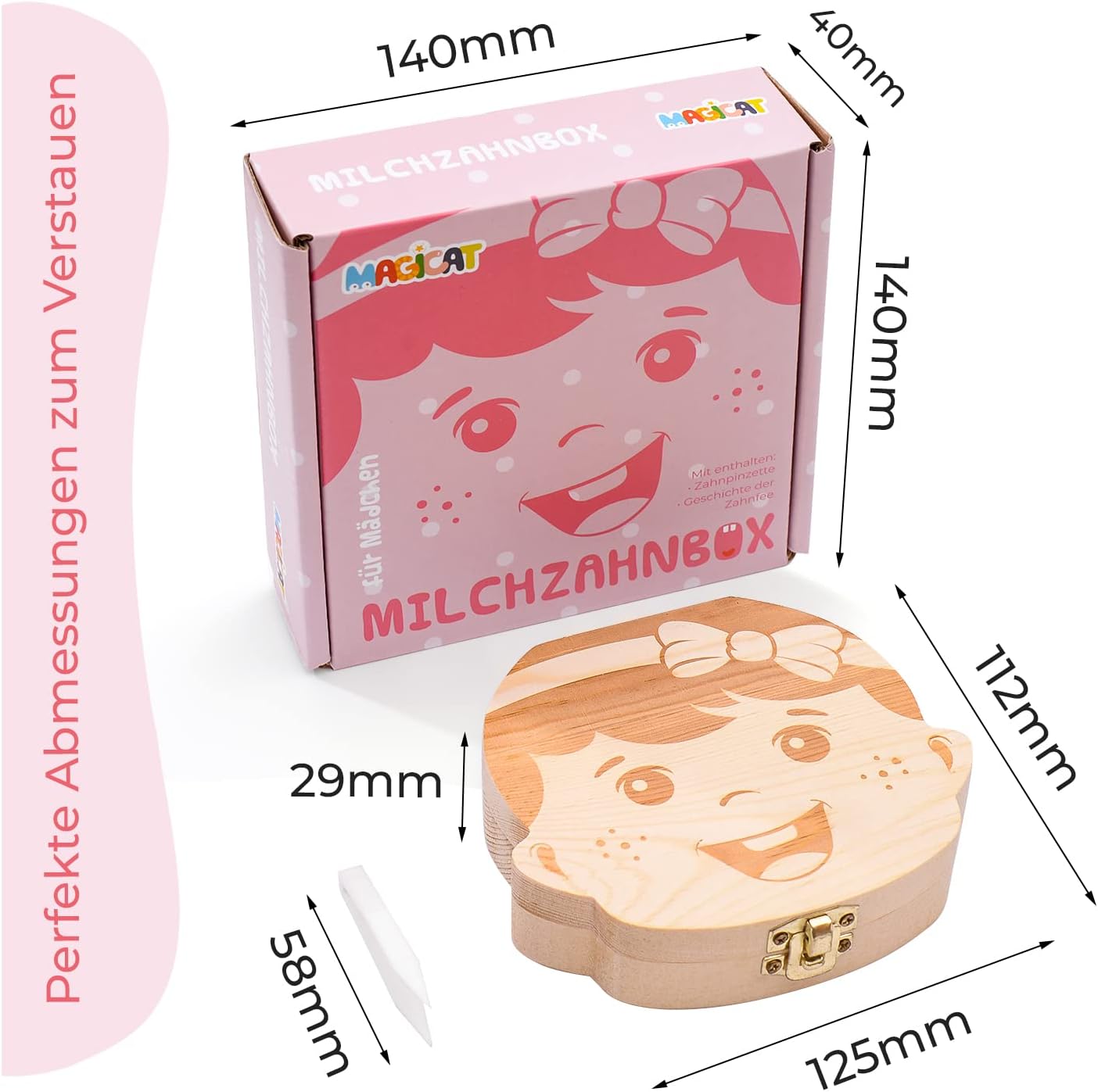 Milchzahndose Mädchen, Zahndose aus Holz, Dose zur Aufbewahrung von Milchzähnen, Baby Milchzähne Box als Geschenk zum Geburtstag oder Taufe, inkl. Pinzette und Zahnfee Geschichte
