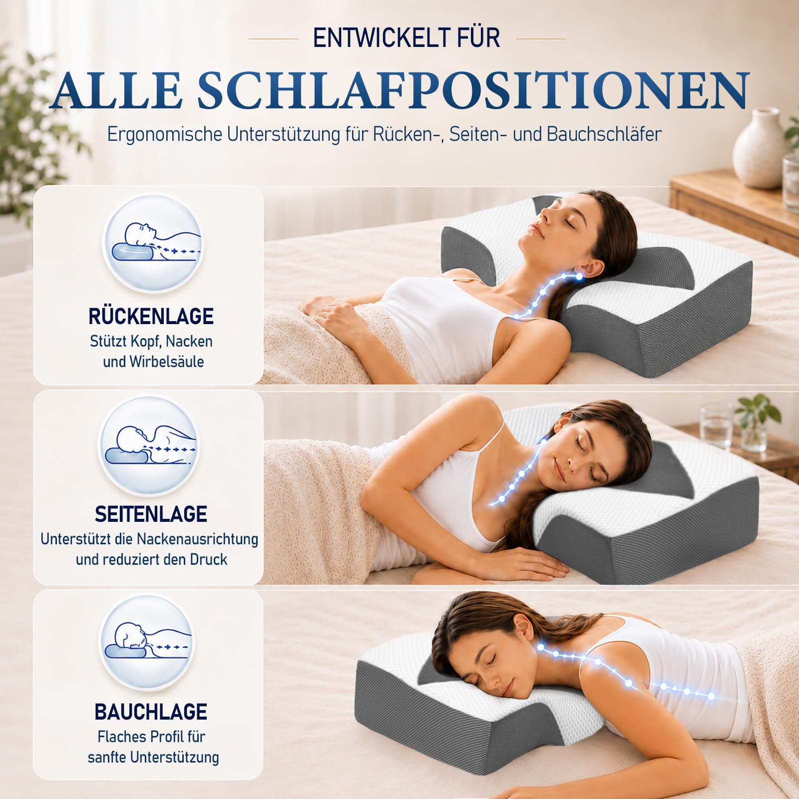 Nackenstützkissen gegen Nackenschmerzen, orthopädisches Kopfkissen, ergonomisches Memory Foam Nackenkissen mit 2 Höhen, Hohlraum & kühlendem Bezug, für Seiten- und Rückenschläfer