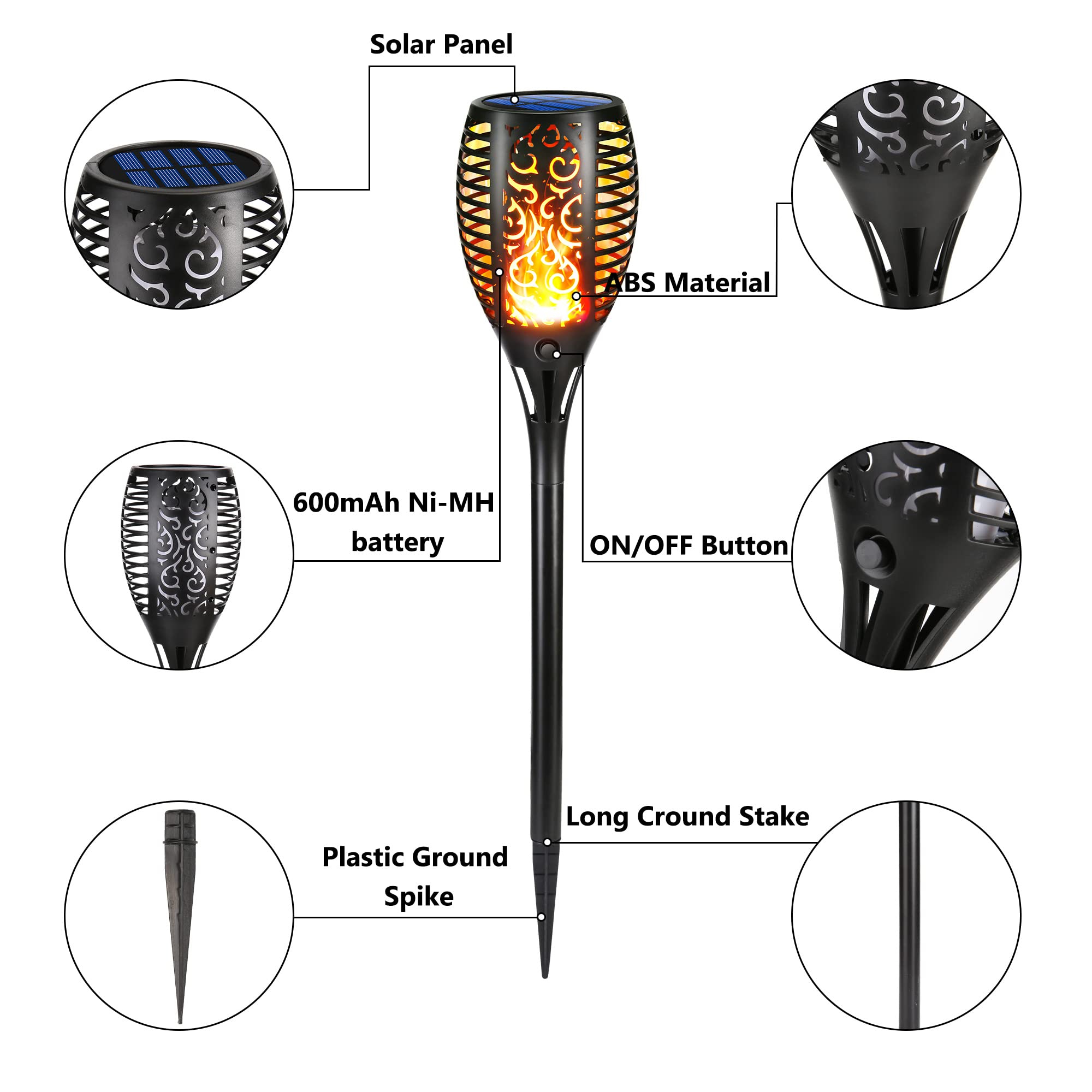 6 Stück Solarlampen für Außen - 12 LED Solarleuchten Garten mit Realistischer Flammeneffekt, IP65 Wasserdicht Gartenfackeln Solar für Außen, Hinterhöfe, Gärten, Rasen Beleuchtung