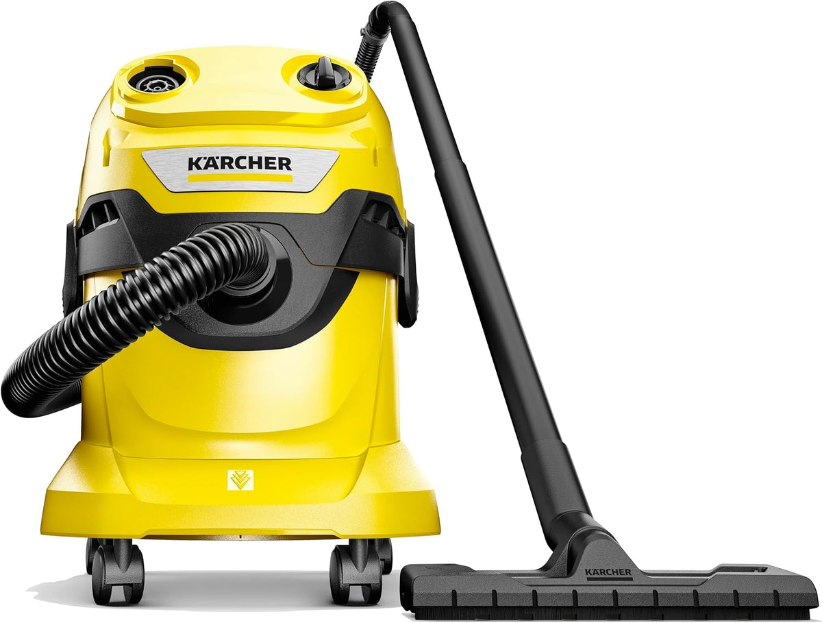 KÄRCHER WD 4 V-20/5/22 Nass-& Trockensauger, 20 l Kunststoffbehälter, 5 m Kabel, 2,2 m Saugschlauch, Clips-Bodendüse, „Pull & Push“-Verschlusssystem, Flachfaltenfilter und Vliesfilterbeutel, Gelb