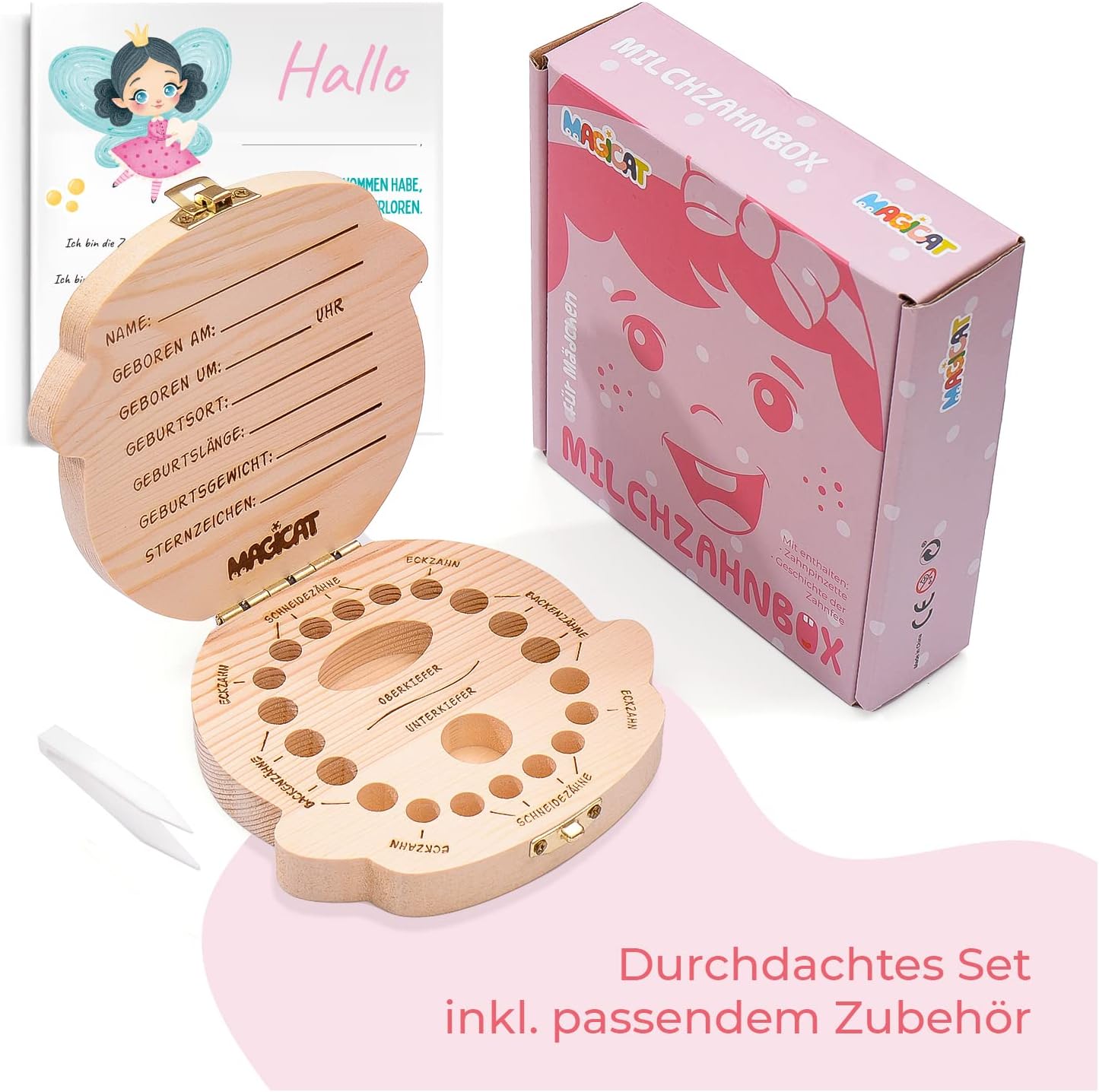 Milchzahndose Mädchen, Zahndose aus Holz, Dose zur Aufbewahrung von Milchzähnen, Baby Milchzähne Box als Geschenk zum Geburtstag oder Taufe, inkl. Pinzette und Zahnfee Geschichte