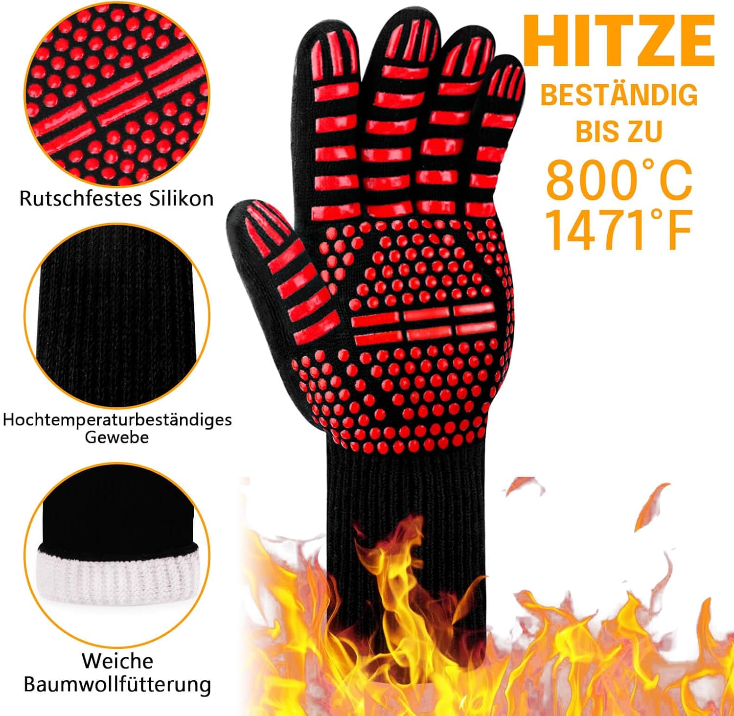 Gants de cuisine Reinalin, résistants à la chaleur jusqu'à 800 °C, gants de four, maniques, gants ignifugés, gants de barbecue, gants de cuisine, gants de pâtisserie (L/XL/XXL, noir) 