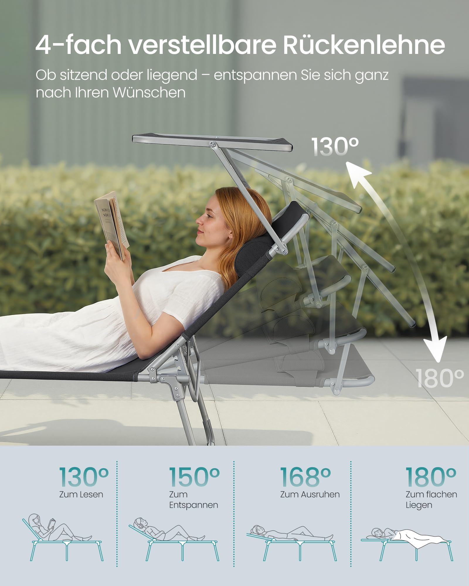 Sonnenliege, klappbarer Liegestuhl, 193 x 53 x 29 cm, trägt bis zu 150 kg, Sonnenschutz, Kopfkissen, verstellbare Rückenlehne, für Garten, Pool, Terrasse