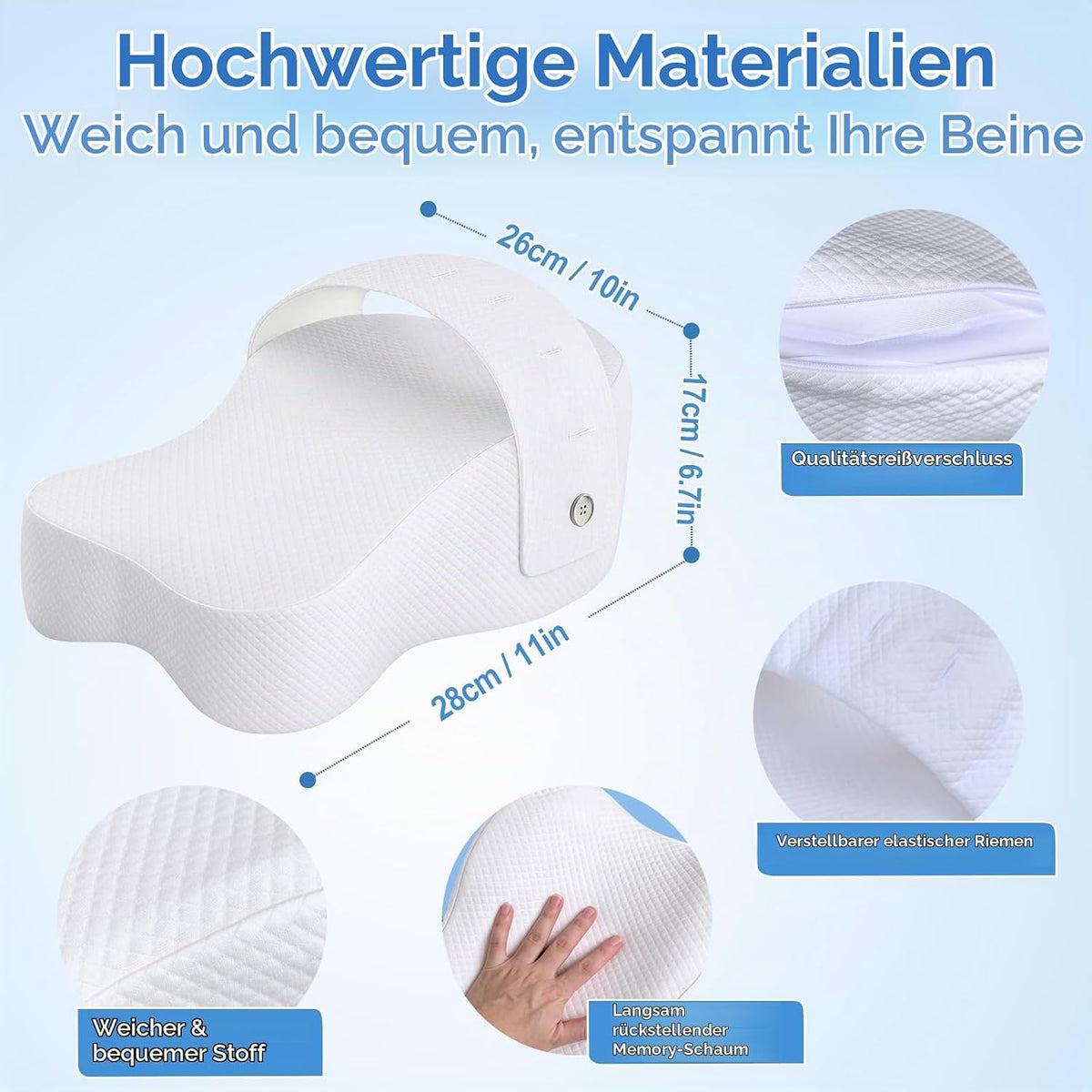 Kniekissen Seitenschläfer, Memory Foam Beinkissen m. Riemen, Ergonomisch