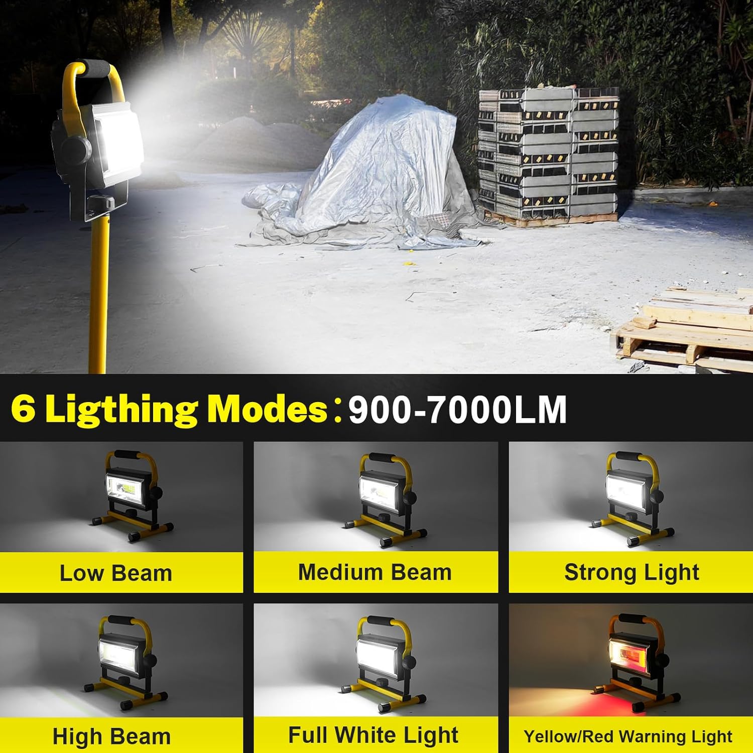 LED Baustrahler Akku, 80W 7000Lumen LED Strahler Akku Arbeitsleuchte mit 6 Modi, Tragbar Arbeitsscheinwerfer für Werkstatt Baustelle Garage Camping Außen Beleuchtung