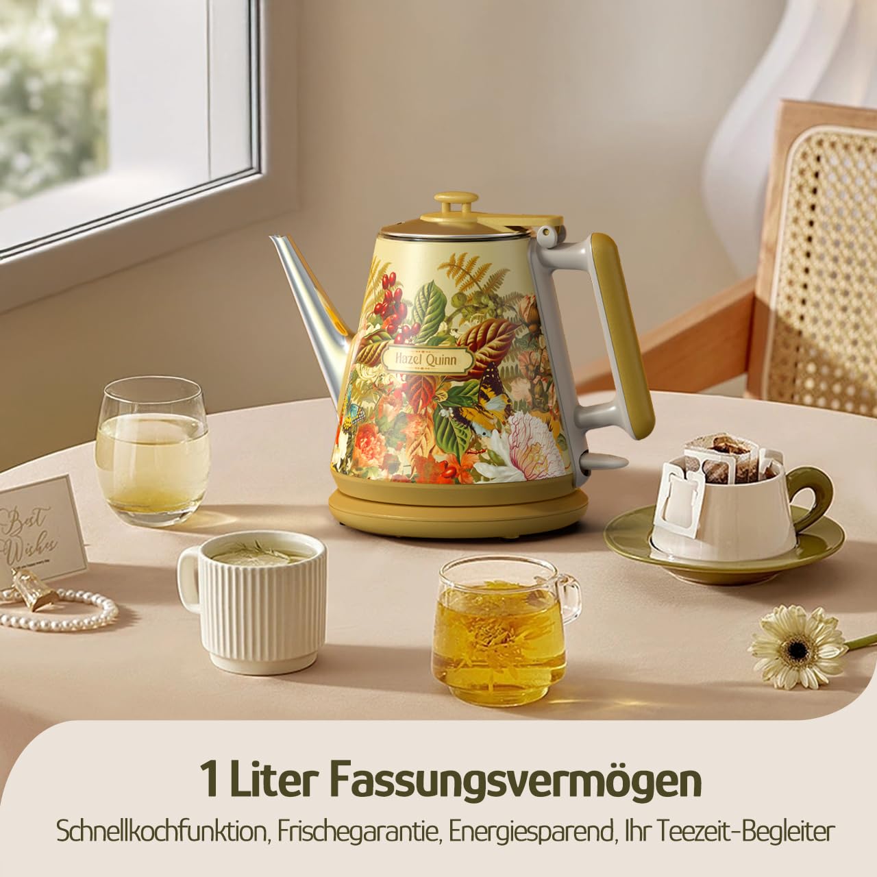 Elektrischer Wasserkocher, 1 Liter, Retro Design, Kleiner Teebereiter, Doppelwand, 304 Edelstahl, 1360W Schnelles Kochen, BPA-frei, automatische Abschaltung