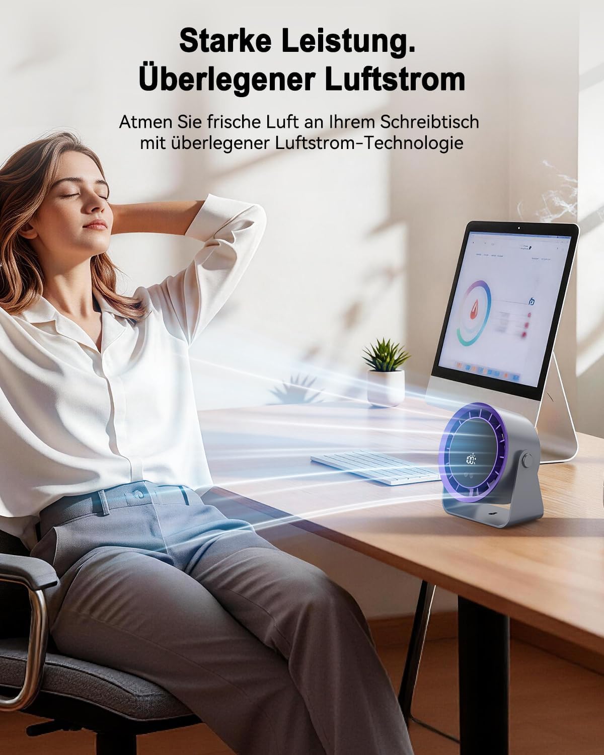 Leiser Turbo Tischventilator mit Digitalem LED-Display, 100-stufig einstellbar & 360° neigbar - 3600mAh USB-wiederaufladbar - Ideal für Büro, Schlafzimmer, Zuhause & Outdoor