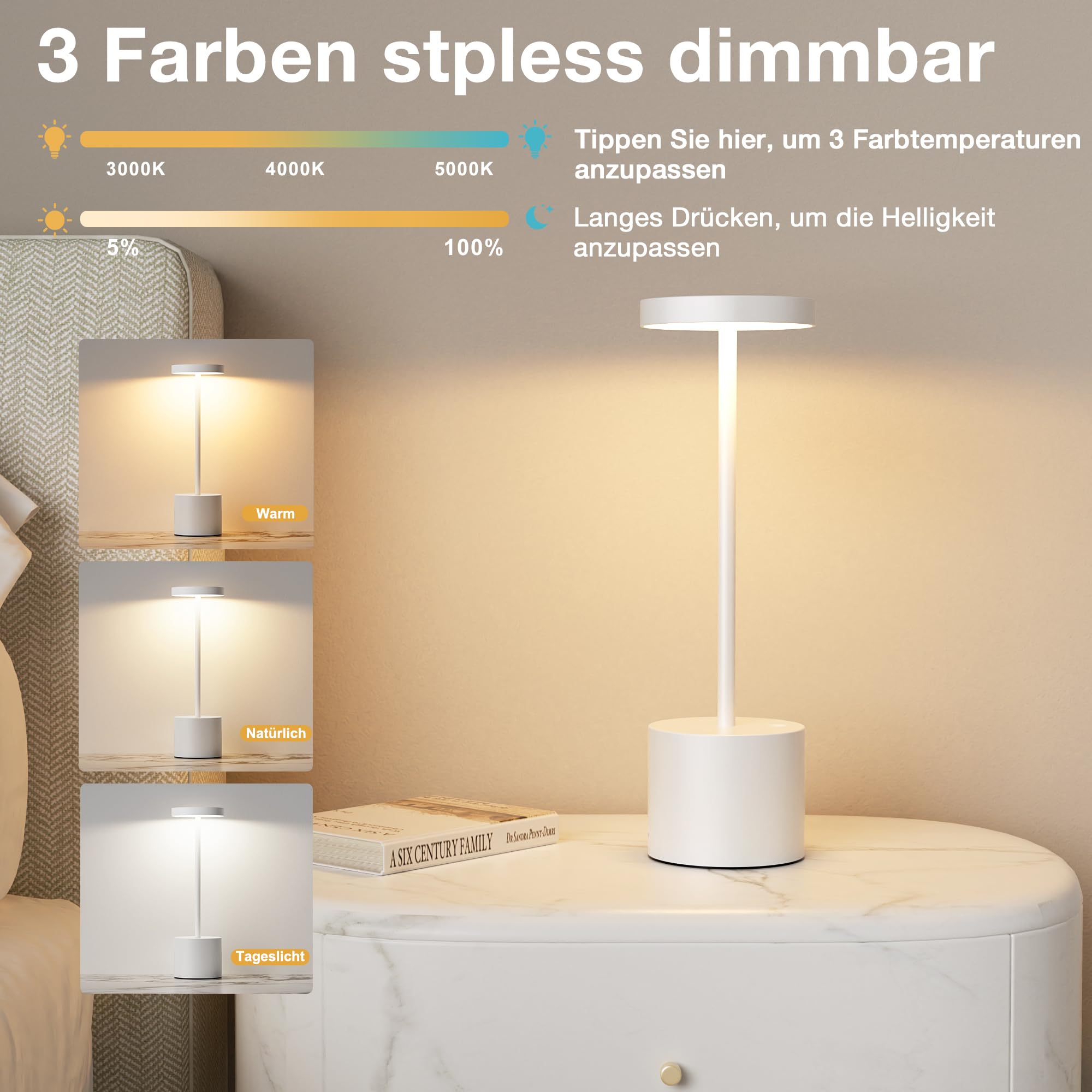 Tischlampe Batterie, LED Tischlampe Wireless, Tischlampe Wireless Batterie mit 3 Farbtemperaturen, Touch Nachttischlampe Dimmbar, kontinuierlich dimmbar für Schlafzimmer