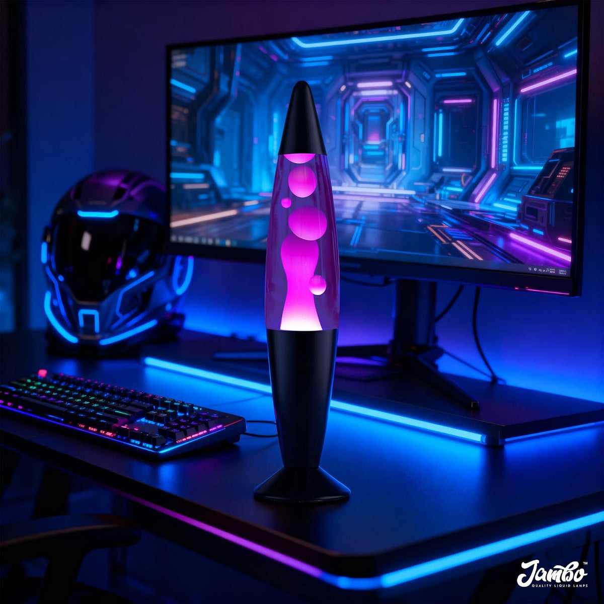 Jambo Liquid-Motion-Lampe mit schwarzem Sockel (Black Base, Purple Liquid, White Wax, 16")