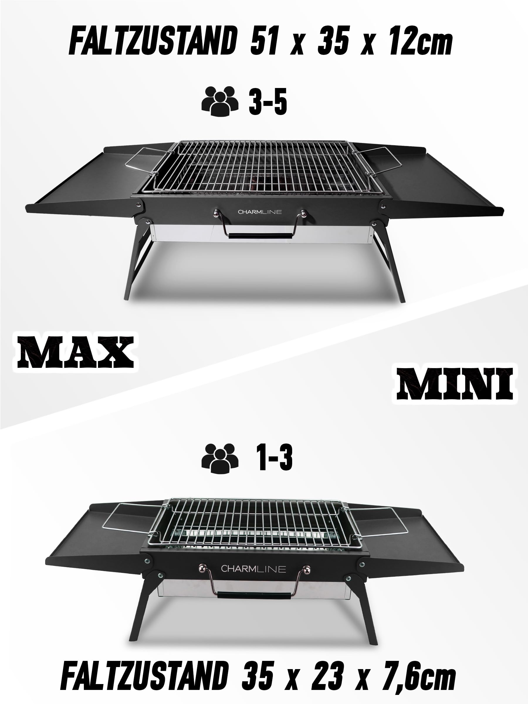 Tragbarer Holzkohlegrill, Klappbarer Campinggrill 35 x 23 cm für 1–3 Personen, Mini BBQ Grill für Balkon, Garten, Camping, Picknick und Strand