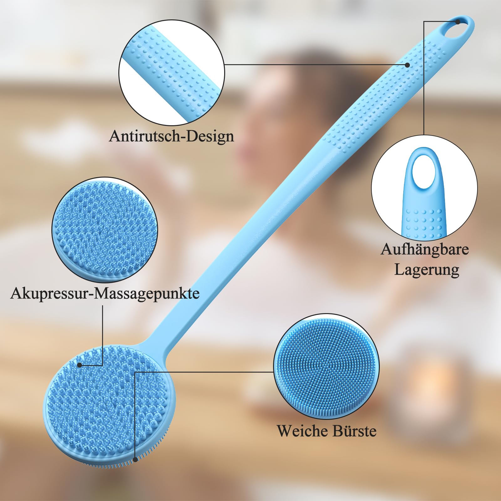Silikon Rückenschrubber für Die Dusche, Silikon Körperschrubber mit Langem Griff, Rückenschrubber, Abgestorbene Haut entfernen und Massage