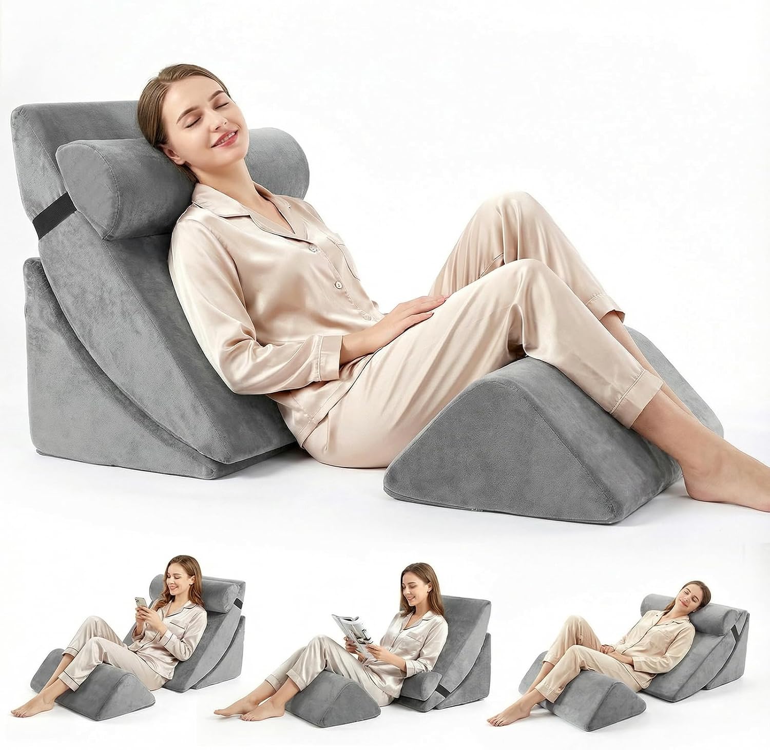 4-teiliges Keilkissen-Set aus Memory-Schaumstoff, Höhenverstellbare Schlaf- und Lesekissen für Sofa und Bett, Waschbare Bezüge in Grau