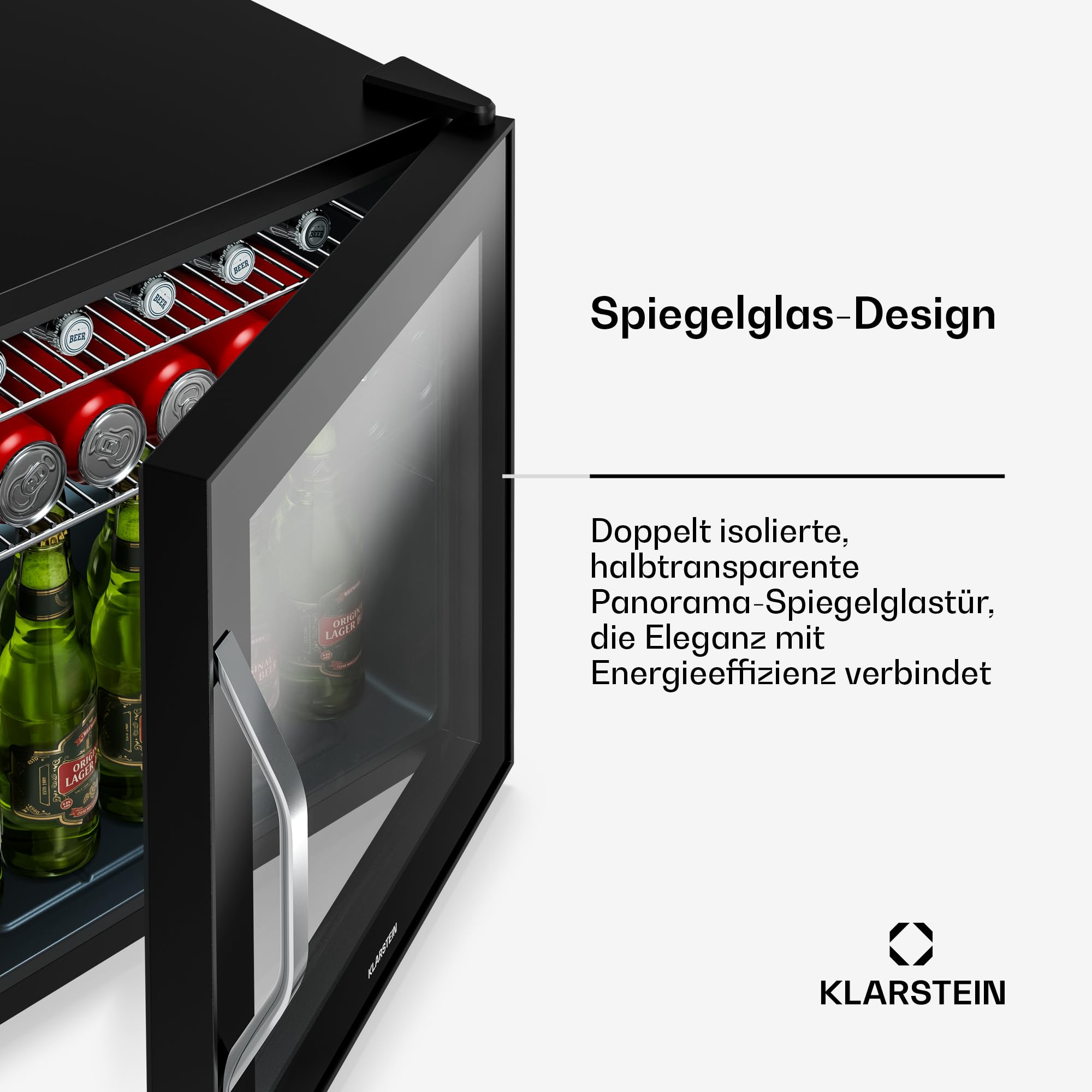 Getränkekühlschrank 33 L – Mini Kühlschrank mit Glastür, Silber-Schwarz | LED-Beleuchtung, herausnehmbare Metallablagen, leise, Flaschenkühlschrank für Getränke & Dosen