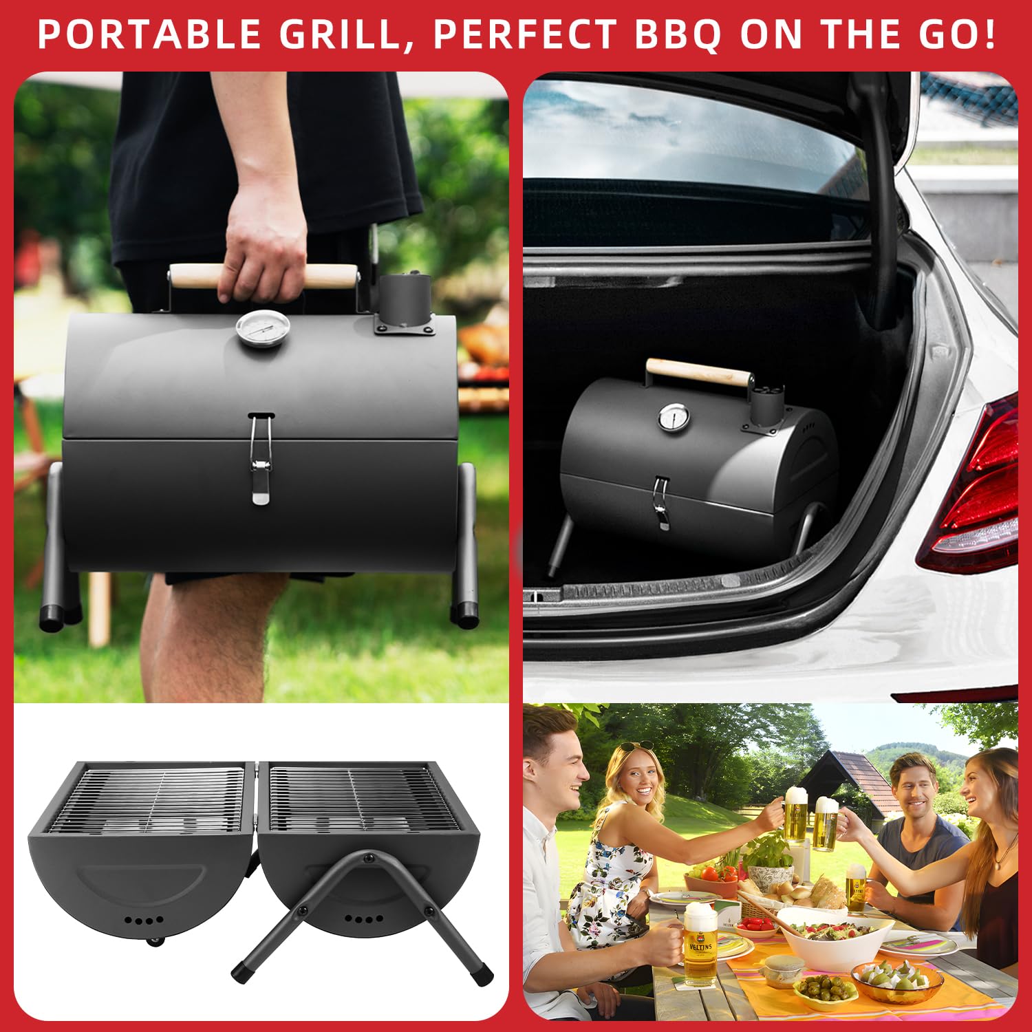 Holzkohlegrill Klein Campinggrill Kleiner Grill Camping Grill Holzkohle Mini Tragbarer Klappgrill Holzkohle für Outdoor Kochen, Picknick, Ideal für Strand, Wohnwagen, Garten, Party Barrel Schwarz
