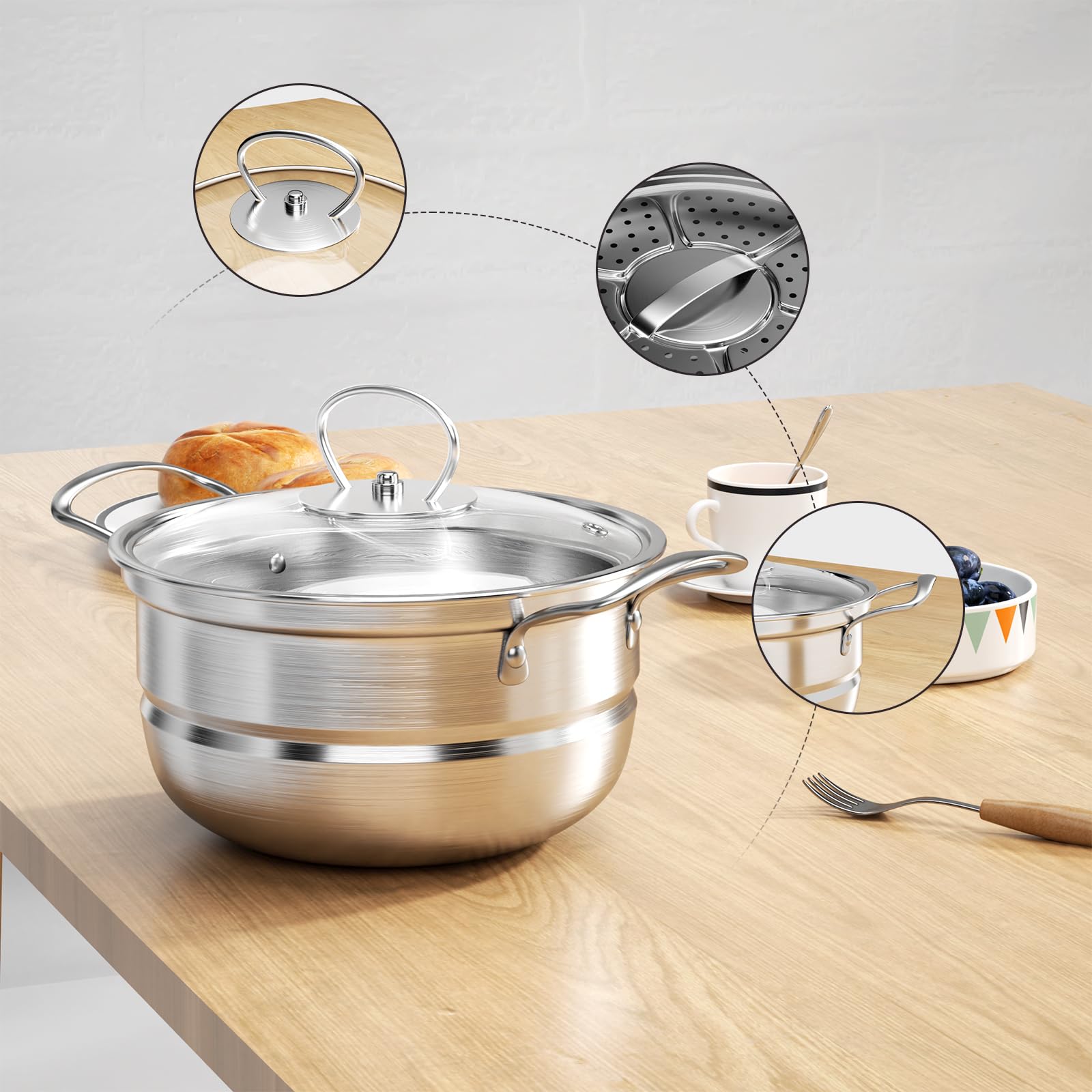 Edelstahl Saucepan Set, 12-teilige Töpfe Set mit Dampfer und Löffel, großes Kochgeschirr, Induktionskochtopf Set, Töpfe Set