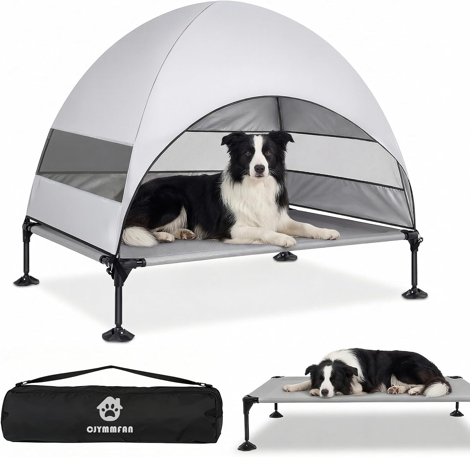 Erhöhtes Hundebett Outdoor mit UV-beständiges Dach，Hundeliege Klappbar mit Anti-Rutsch-Füßen, Hundezelt Outdoor mit Großem Schatten, Kühlendes ErhöHtes Hunde Bett für Camping, Garten & Pool (Grau, L)