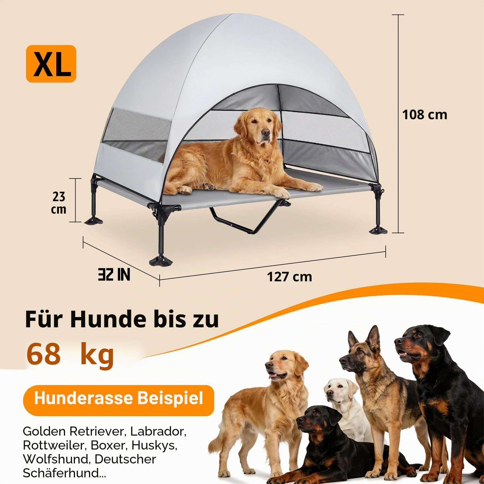 Erhöhtes Hundebett Outdoor mit UV-beständiges Dach，Hundeliege Klappbar mit Anti-Rutsch-Füßen, Hundezelt Outdoor mit Großem Schatten, Kühlendes ErhöHtes Hunde Bett für Camping, Garten & Pool (Grau, L)