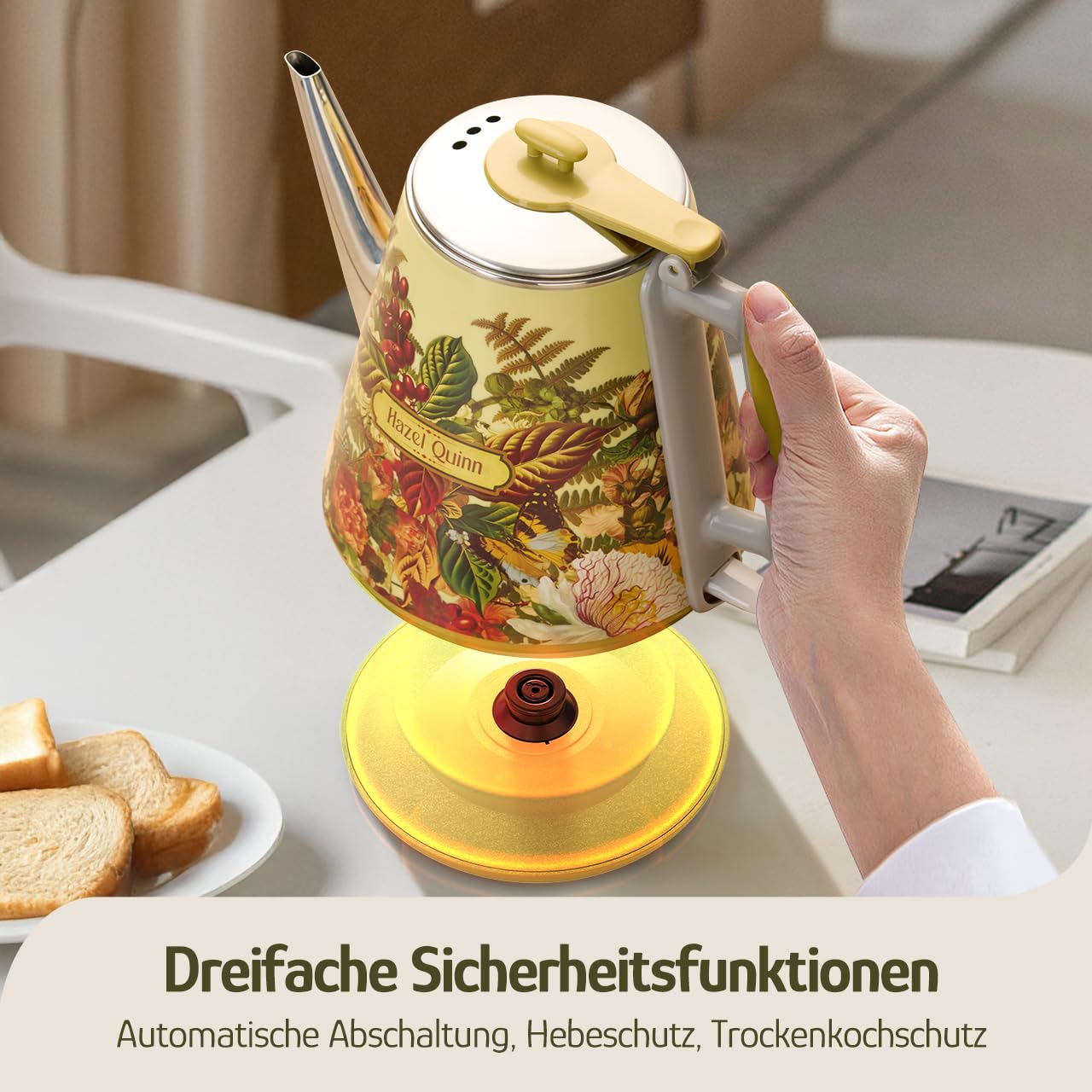 Elektrischer Wasserkocher, 1 Liter, Retro Design, Kleiner Teebereiter, Doppelwand, 304 Edelstahl, 1360W Schnelles Kochen, BPA-frei, automatische Abschaltung