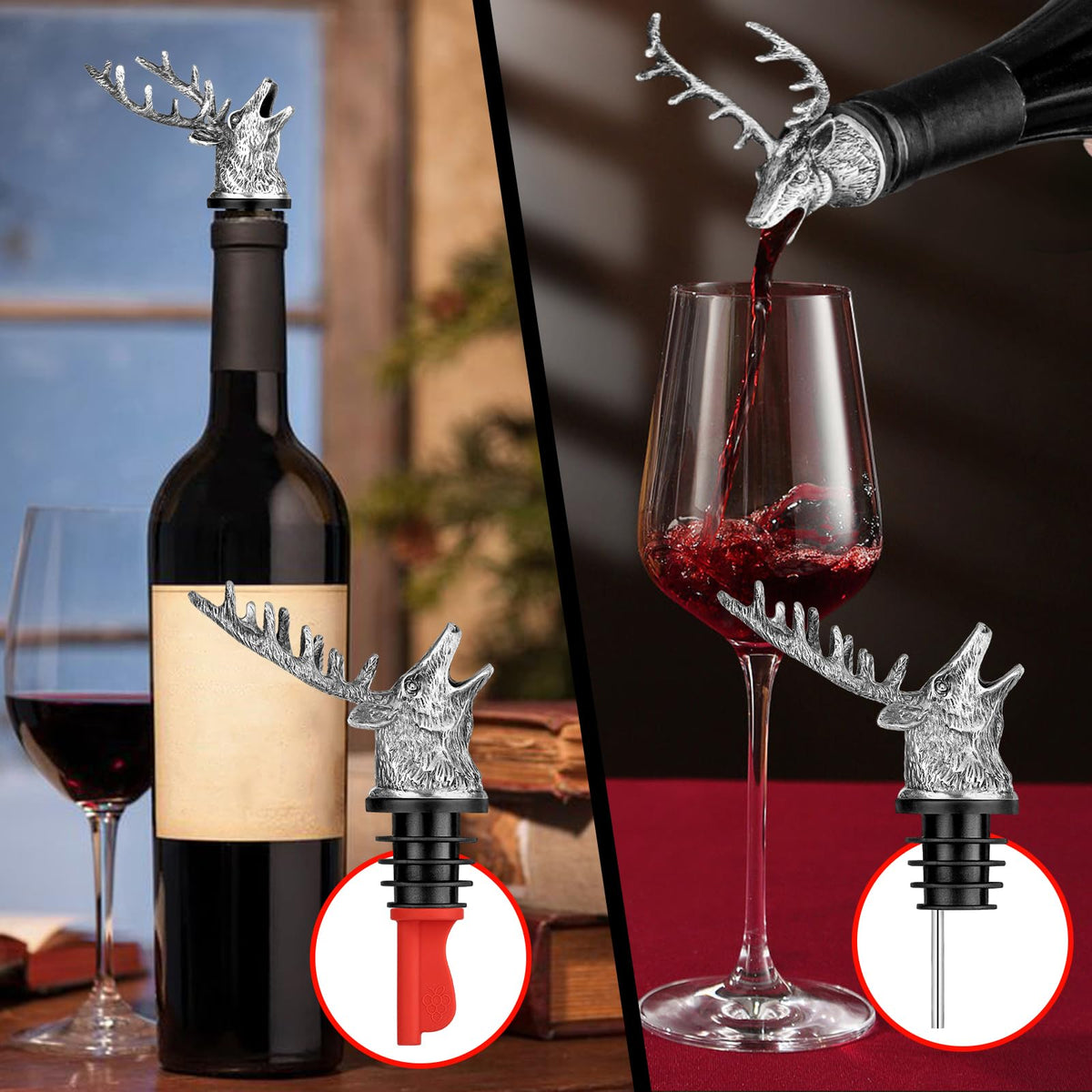 Hirschkopf 2-in-1 Weinflaschenausgießer und Stopper mit Geschenkbox Männer Frauen Jagdgeschenke für Jäger Likörflasche Ausgießer Alkohol Spirituosen Hirsch Wein Geschenke Saver