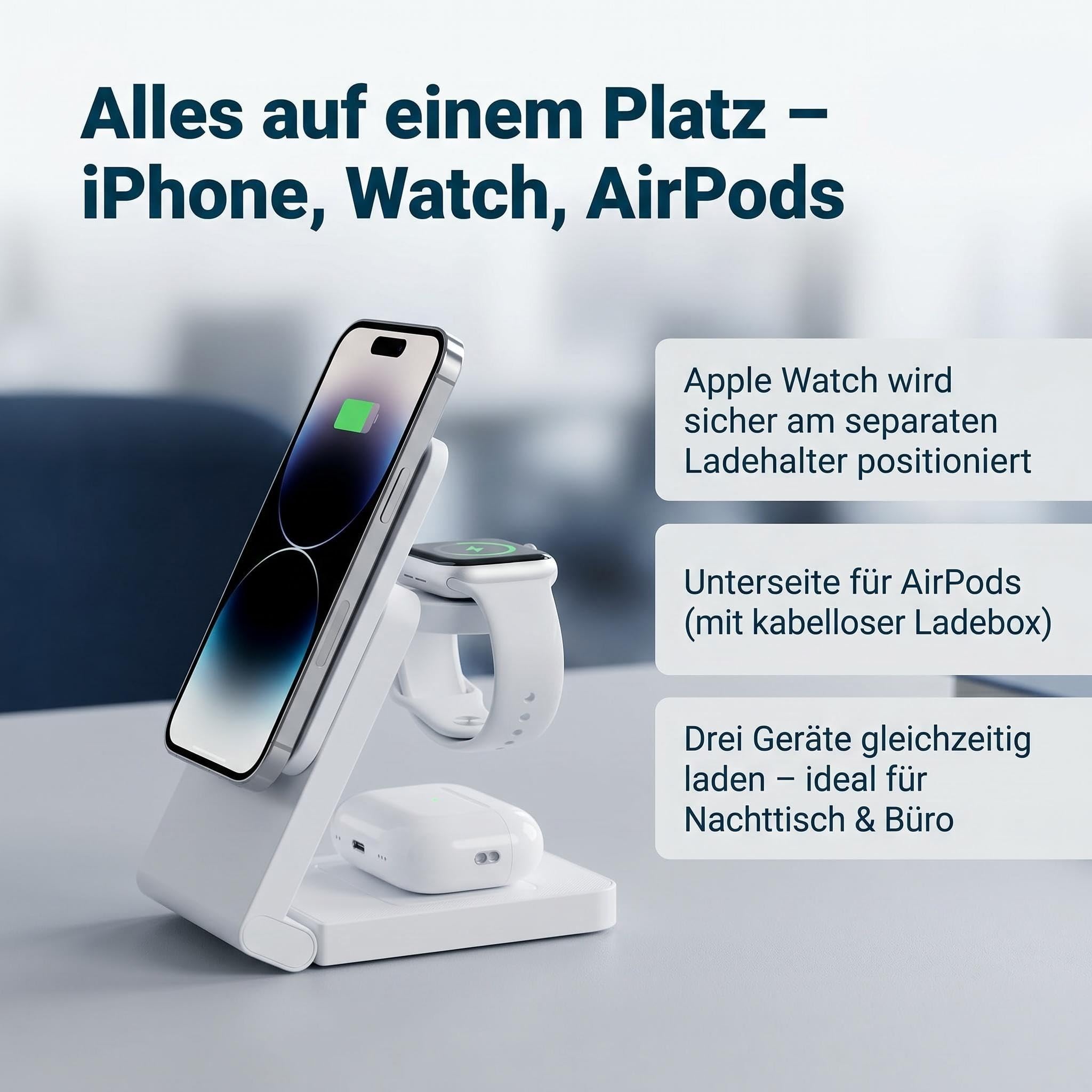 3 in 1 MagSafe Induktive Ladestation, Kabelloses Ladegerät QI2.2 | Magnet Induktionsladegerät für iPhone 12-17 Serie/Apple Watch/AirPods, Wireless Charger Stand mit 20W Adapter, Silber-Schwarz