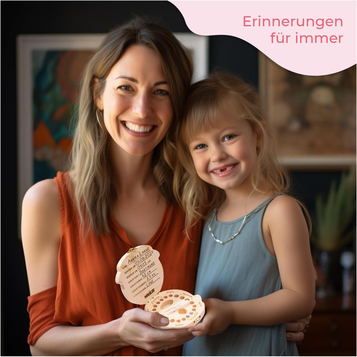 Milchzahndose Mädchen, Zahndose aus Holz, Dose zur Aufbewahrung von Milchzähnen, Baby Milchzähne Box als Geschenk zum Geburtstag oder Taufe, inkl. Pinzette und Zahnfee Geschichte