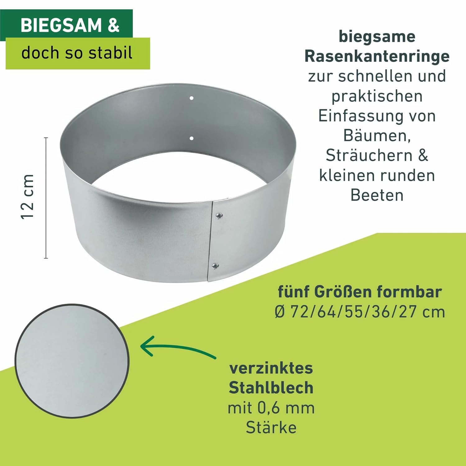 Rasenkanten Baumring-Set variabel, Raseneinfassung, Beeteinfassung, Beetbegrenzung, Mähkante, Rasen-Abgrenzung, DREI Größen formbar: Ø 35/53/70 cm, verzinkt