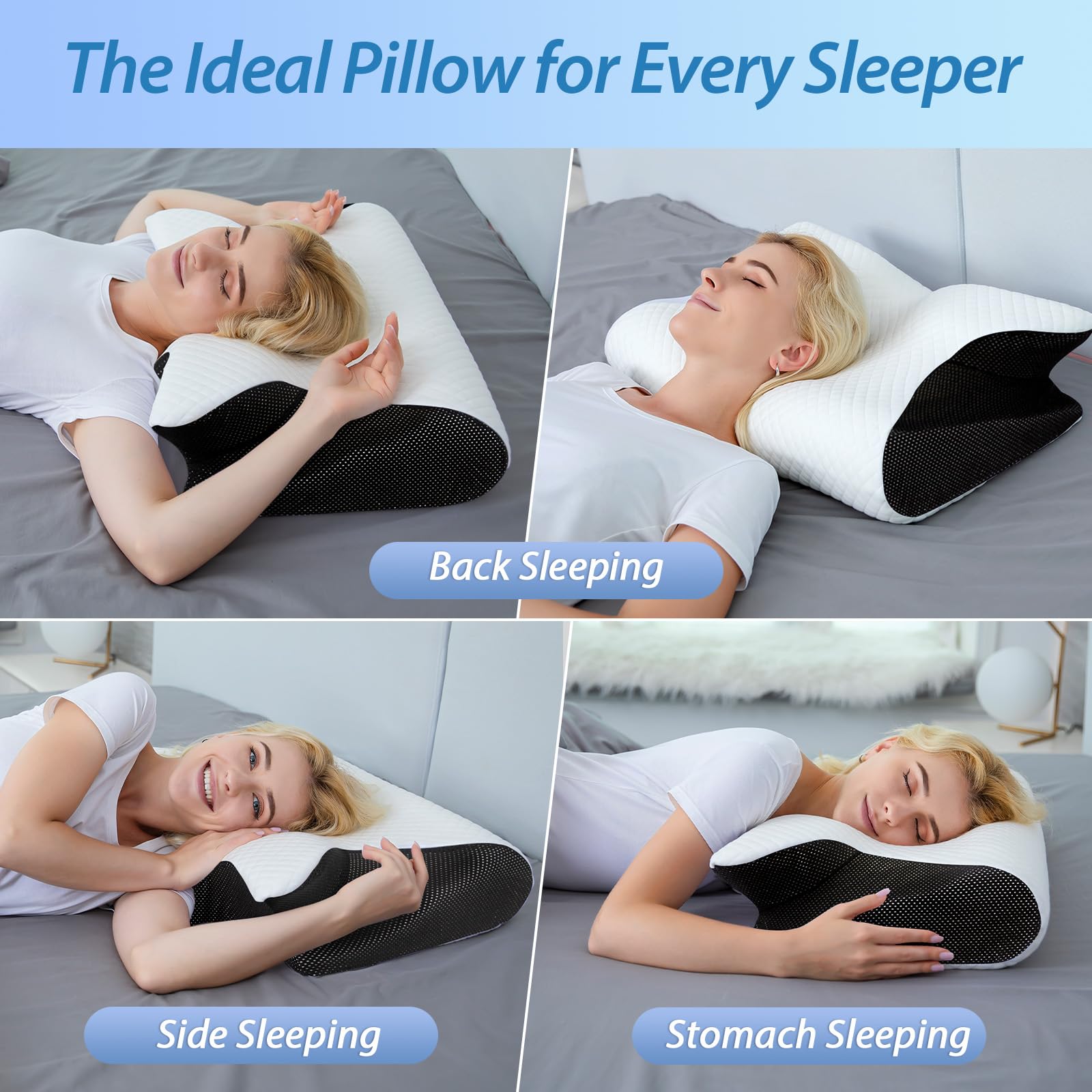 2 in 1 Ergonomisches Nackenkissen Orthopädisches Kopfkissen Memory Foam Kissen für Rücken-, Seiten- und Bauchschläfer, 60x40x12/14cm