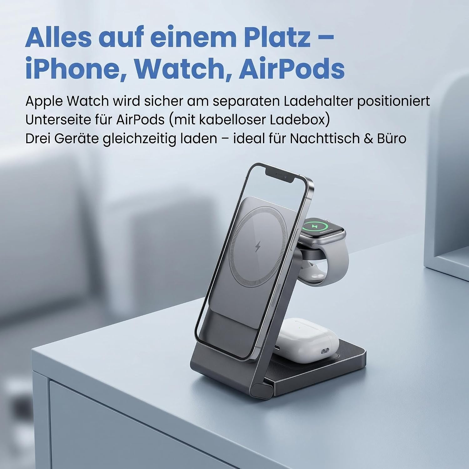 3 in 1 MagSafe Induktive Ladestation, Kabelloses Ladegerät QI2.2 | Magnet Induktionsladegerät für iPhone 12-17 Serie/Apple Watch/AirPods, Wireless Charger Stand mit 20W Adapter, Silber-Schwarz