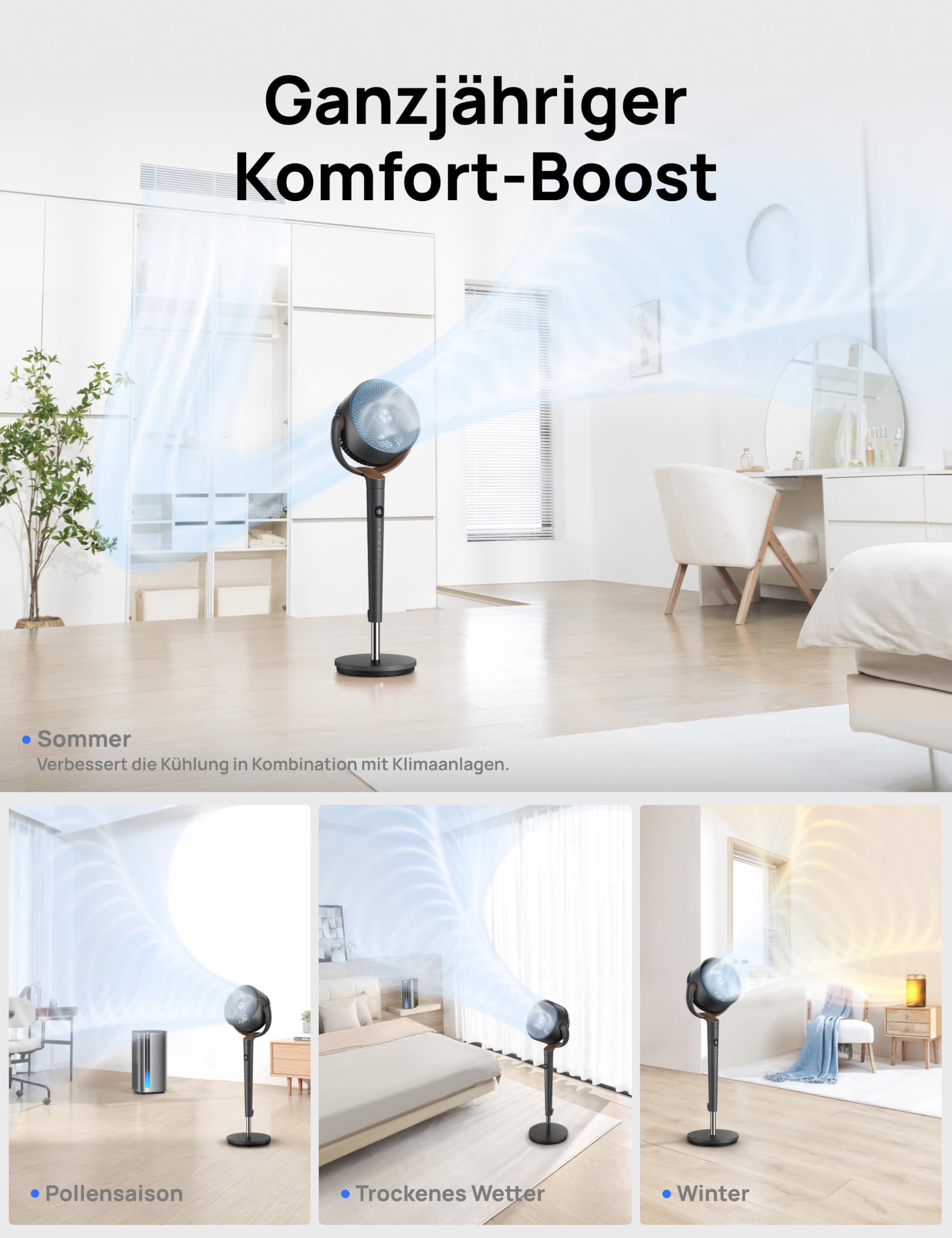Starker Standventilator Smart mit RGB Light, 120° +120° Oszillierender Ventilator mit Fernbedienung, 20dB Leiser Bodenventilator / Turmventilator für Schlafzimmer, 8H Timer, Silber