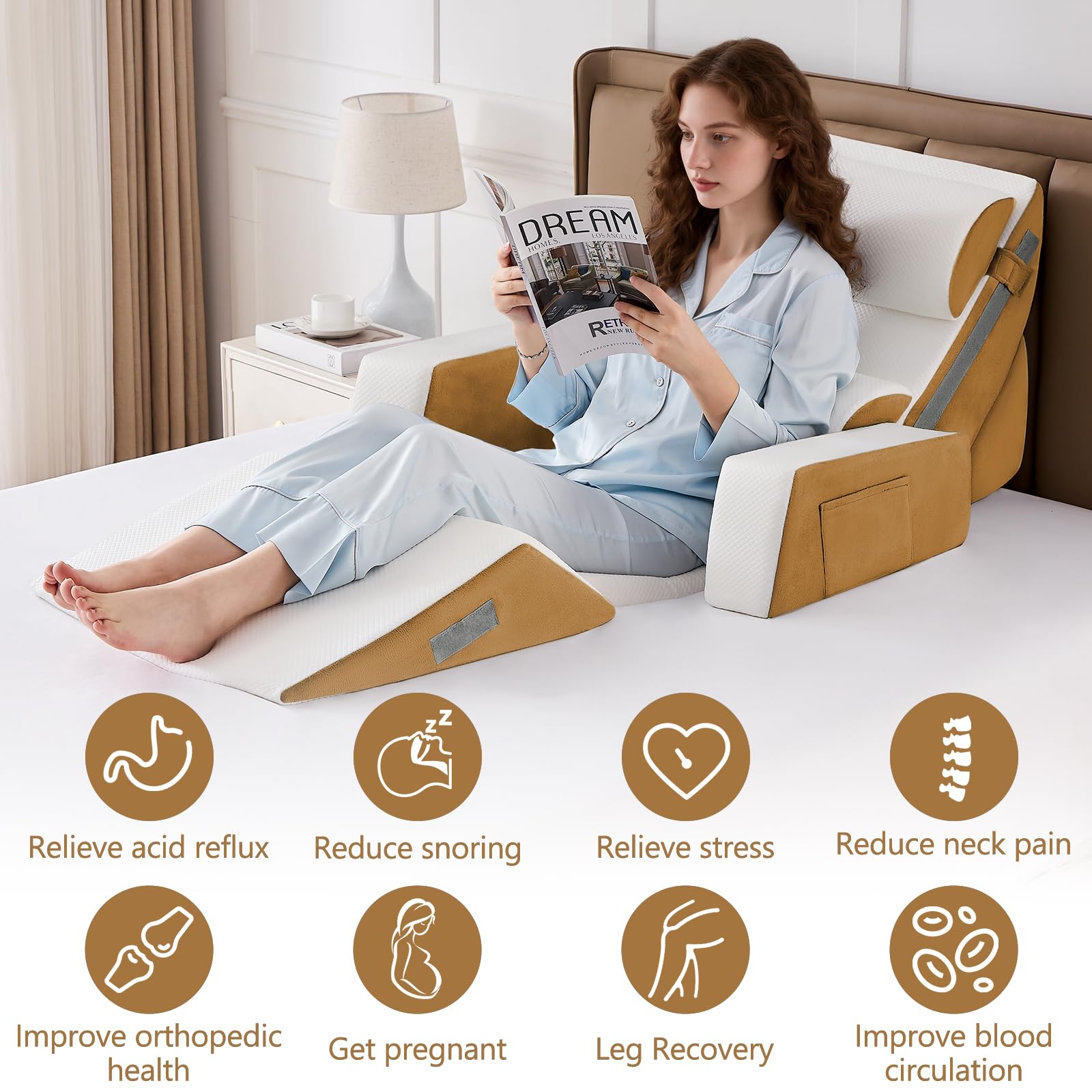 Orthopädische Bett Keil Kissen Set,Post Chirurgie Schaum Kissen für Körper, Rücken und Beine Schmerzlinderung,Justierbare Stützkissen mit Säure Reflux Bed Wedge Memory Foam Hellgrau