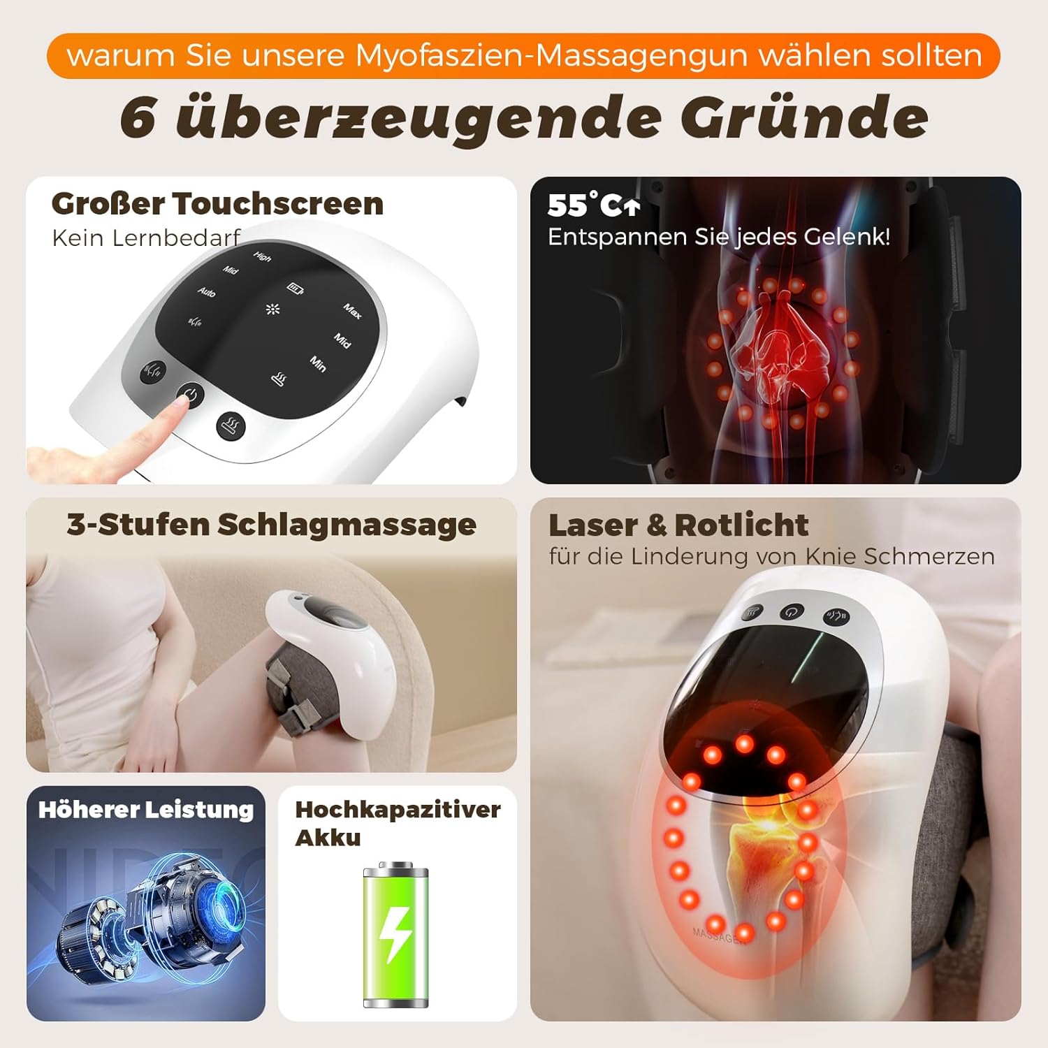Knie-Massagegerät, 3 Temperaturstufen, Rotlicht-Therapie, LCD-Display, Wärme- und Vibrationstherapie, 7000 U/Min, 120 Min Laufzeit