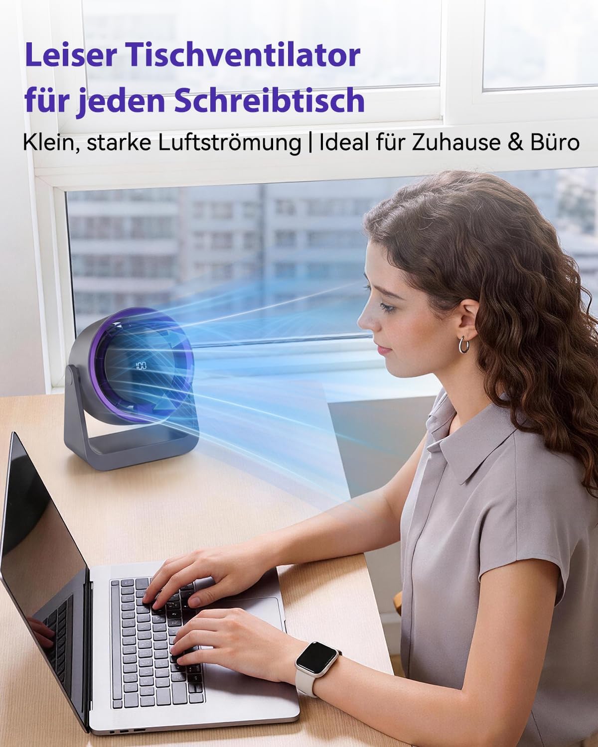 Leiser Turbo Tischventilator mit Digitalem LED-Display, 100-stufig einstellbar & 360° neigbar - 3600mAh USB-wiederaufladbar - Ideal für Büro, Schlafzimmer, Zuhause & Outdoor