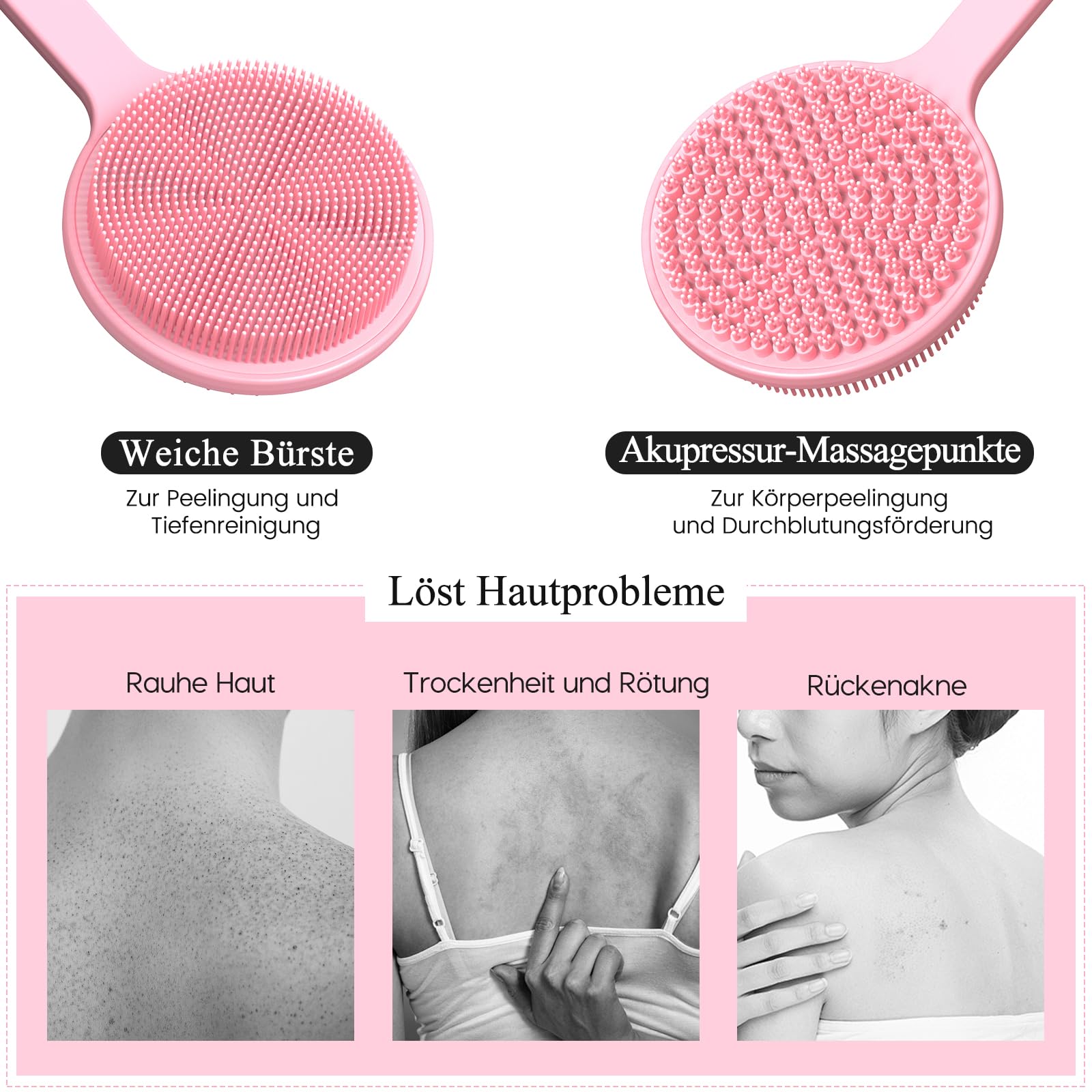 Silikon Rückenschrubber für Die Dusche, Silikon Körperschrubber mit Langem Griff, Rückenschrubber, Abgestorbene Haut entfernen und Massage