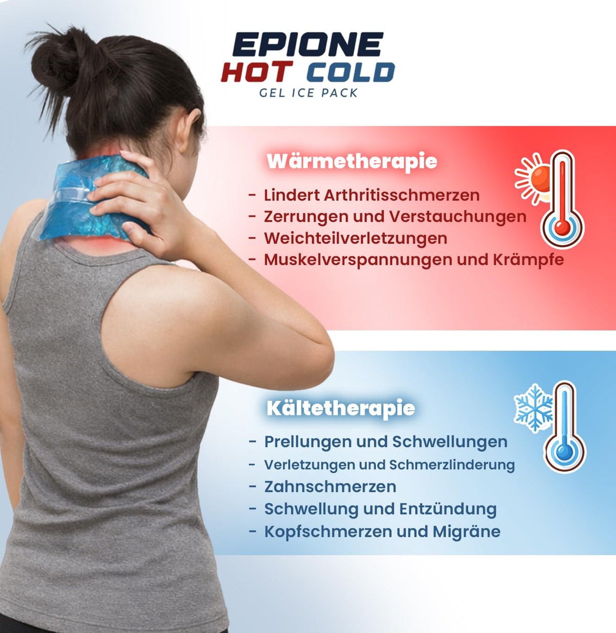 Kühlpads Epione 3XL Gelkissen kalt/warm – mit elastischem Gurt und Stoffhülle – wiederverwendbar zur Schmerzlinderung bei Muskel‑ und Gelenkschmerzen, Verletzungen und Physiotherapie