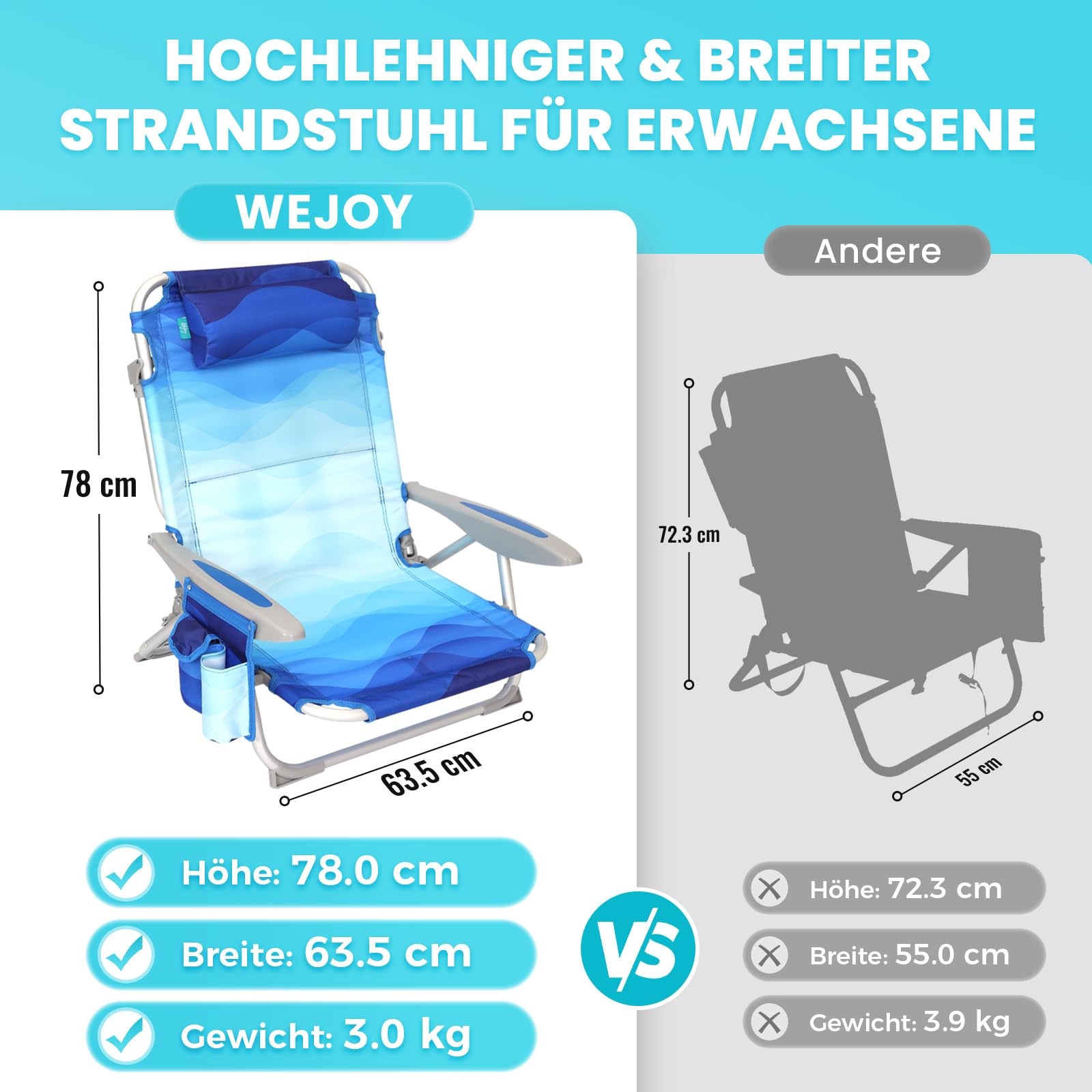 Strandstuhl klappbar Alu Hochlehner Klappstuhl 4 Position Leicht tragbar stabiler Campingstuhl