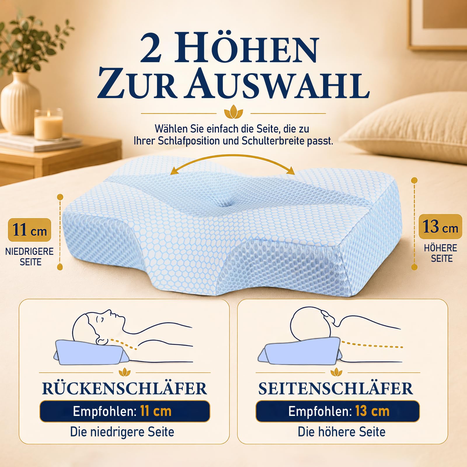 Nackenstützkissen gegen Nackenschmerzen, orthopädisches Kopfkissen, ergonomisches Memory Foam Nackenkissen mit 2 Höhen, Hohlraum & kühlendem Bezug, für Seiten- und Rückenschläfer