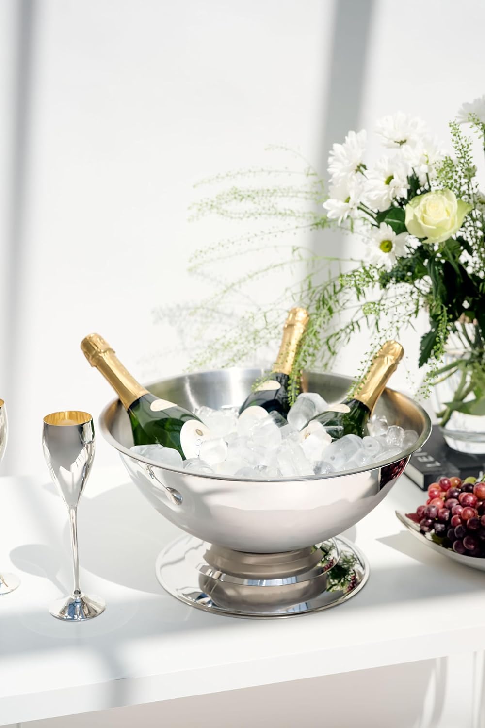 Champagner Kühler Cara (Ø 40 cm, groß) aus Edelstahl - Flaschenkühler, Sektkühler - Getränkekühler für 5 Flaschen - Schale für Wein, Sekt & Eiswürfel - Weinkühler