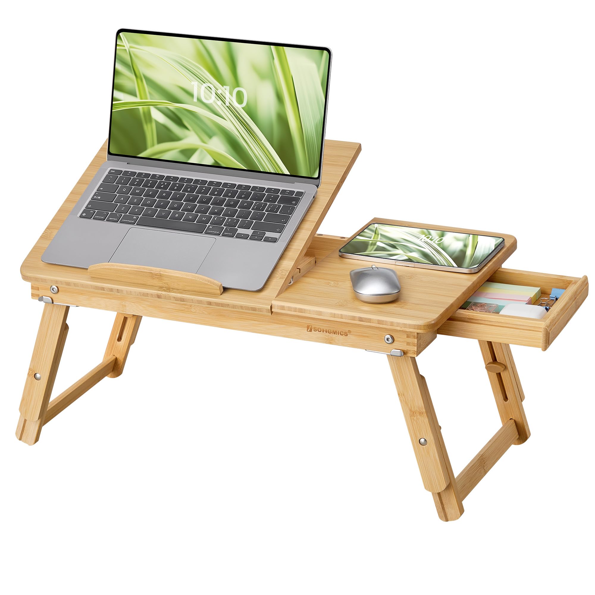 Laptoptisch für Bett, Laptopständer, Winkel- und höhenverstellbar, klappbare Beine, für Laptops bis 15,6 Zoll, Arbeiten, Lesen, Bambusbeine, Schublade, 55,5 x 34,9 cm, vintagebraun LLD105B01