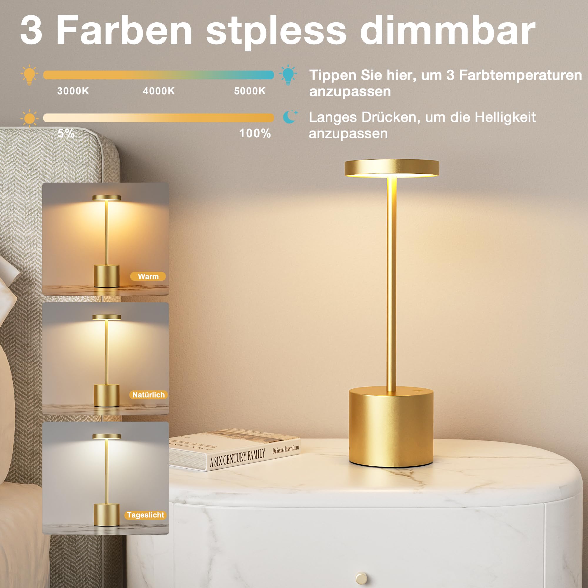 Tischlampe Batterie, LED Tischlampe Wireless, Tischlampe Wireless Batterie mit 3 Farbtemperaturen, Touch Nachttischlampe Dimmbar, kontinuierlich dimmbar für Schlafzimmer