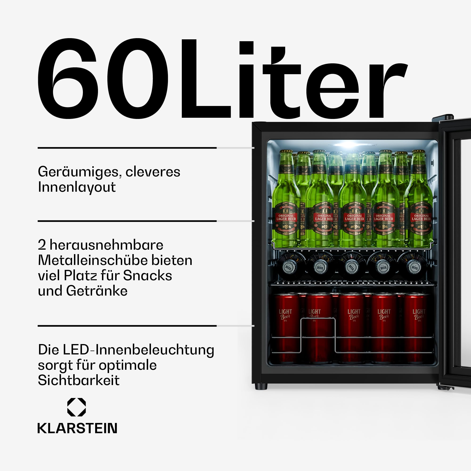 Beersafe Getränkekühlschrank 60 L – Mini Kühlschrank mit Glastür, Kupfer | LED-Beleuchtung, herausnehmbare Metallablagen, leise, Flaschenkühlschrank für Getränke & Dosen