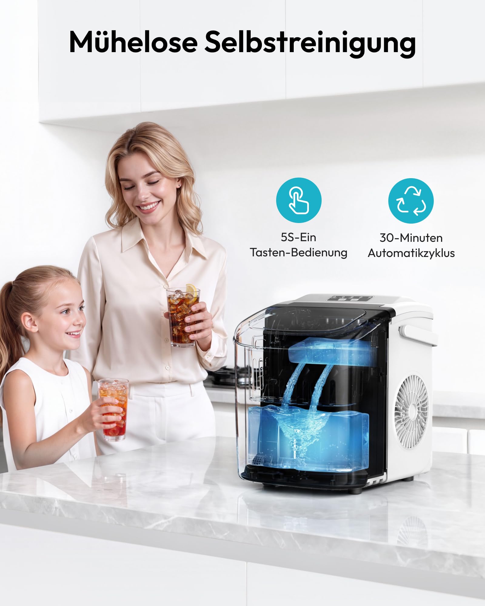 Eiswürfelmaschine Klein, 9 Eiswürfel in 6 Minuten, 12 kg/24H, Eiswürfelmaschine Edelstahl mit Tragbarem Griff, Selbstreinigender Kompakter Eiswürfelmaschinen für Zuhause/Küche/Büro/Bar