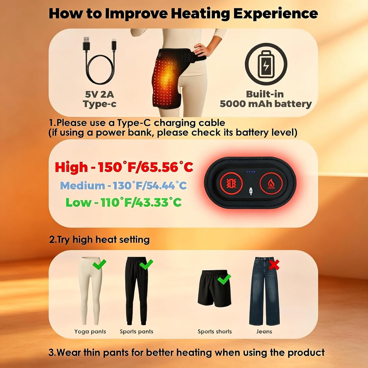 Hüftheizkissen mit Rotlicht, Hipora 4-in-1 Hüftmassager mit 5000mAh Akku, 105 LEDs 660nm, 3 Heizstufen und Vibrationsmassagemodi, Tragbares Heizkissen für Hüfte und Oberschenkel