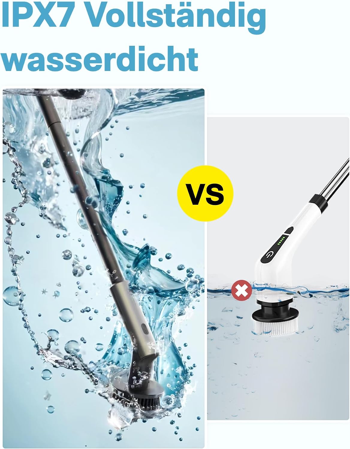 Elektrische Reinigungsbürste, IPX7, Typ-C-Ladung Putzbürste Elektrisch | Mit Verlängerungsstiel & 6 Wechselbürstenköpfe, Reinigungsbürsten Elektrisch für Bad, Böden, Fliesen, Glas, Küche, Auto